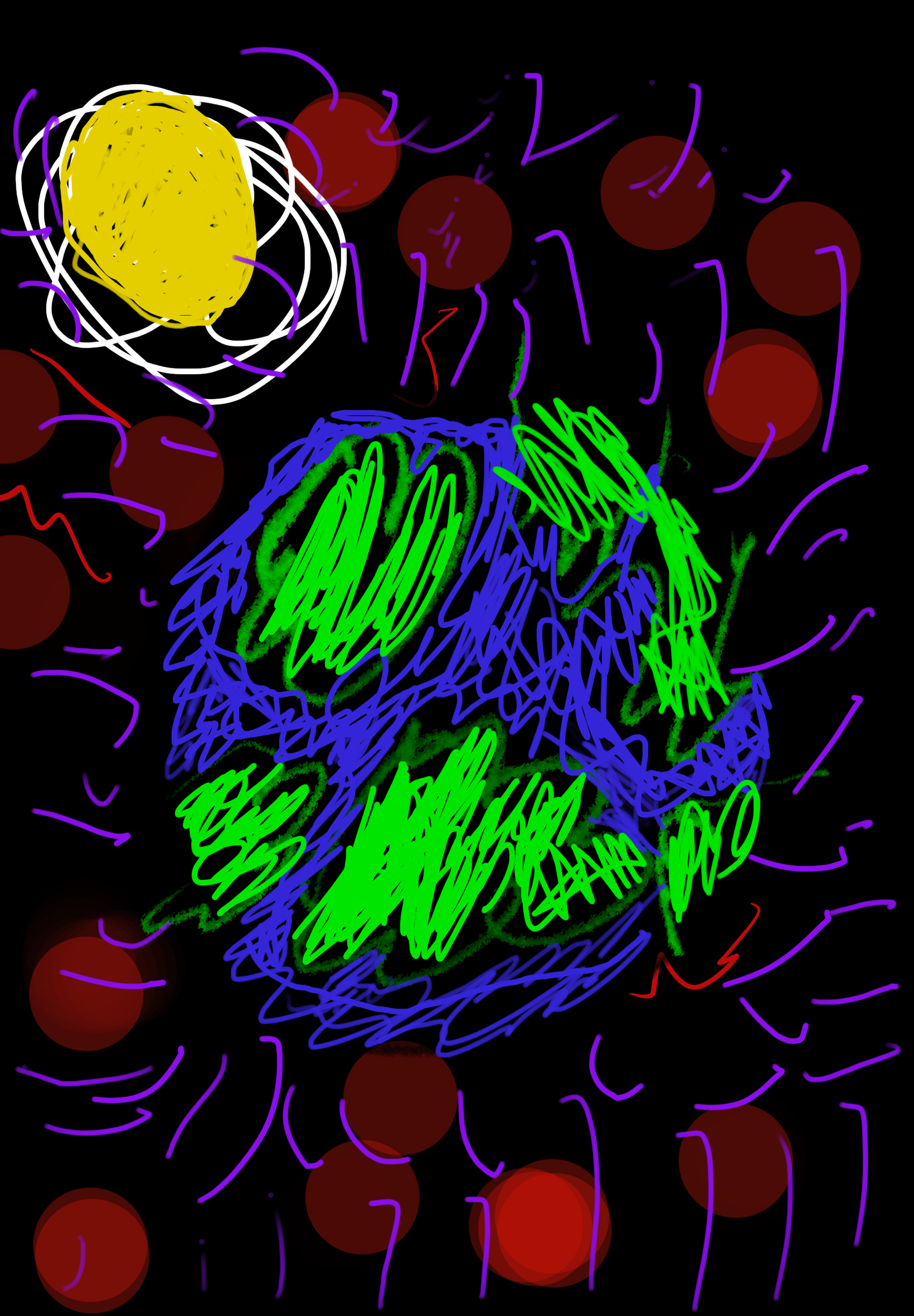 A colorful drawing of a planet with a yellow sun in the background.