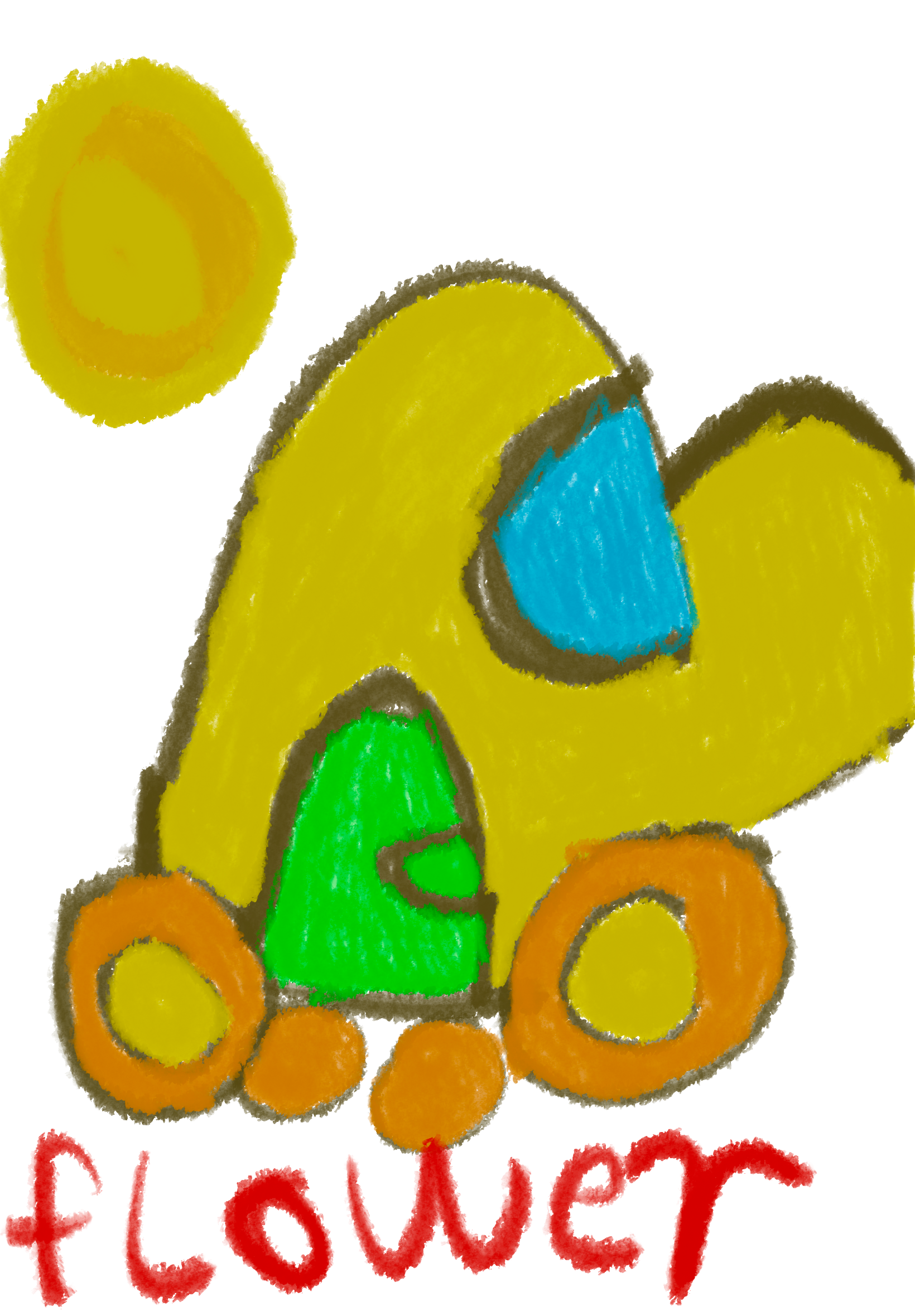A child 's drawing of a yellow car with the word flower below it