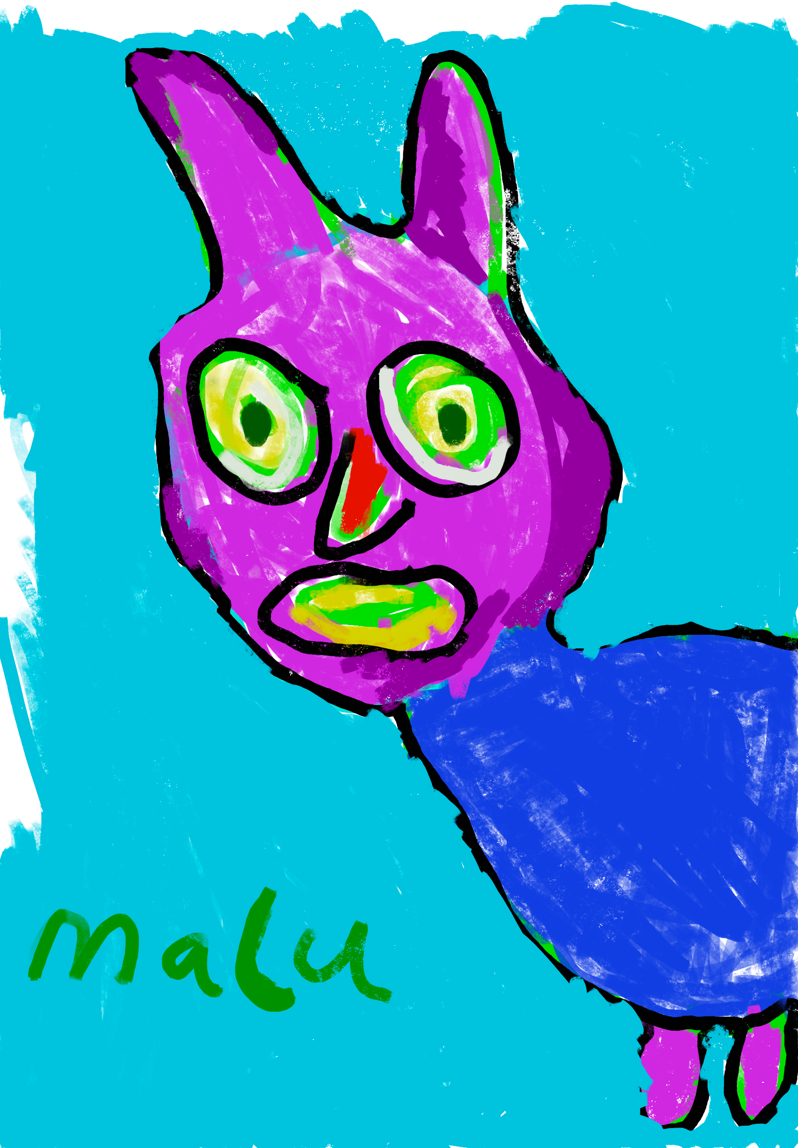 A child 's drawing of a cat with the name malu written below it
