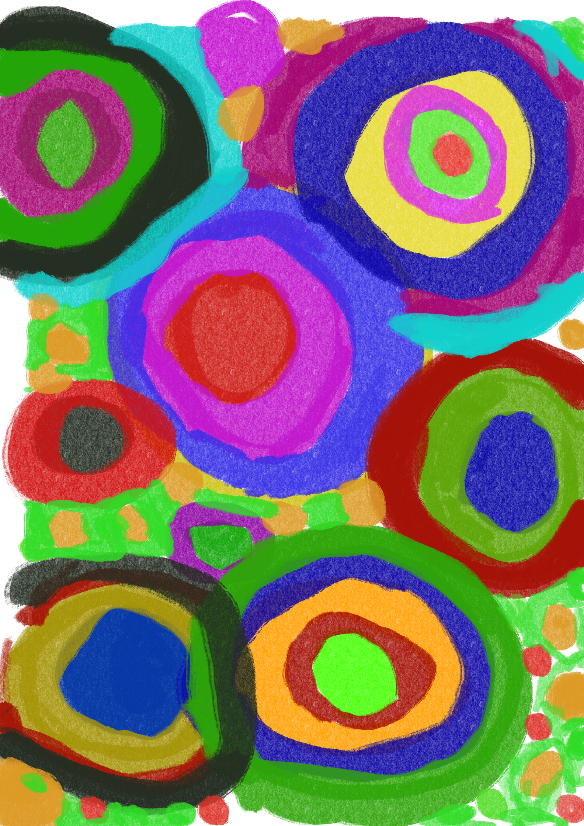 A painting of colorful circles on a white background