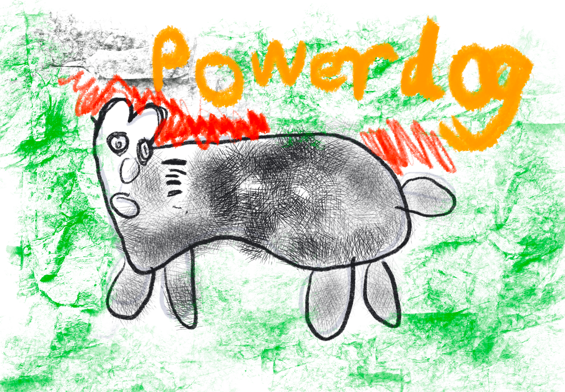 A child 's drawing of a dog with the word powerdog written on it.