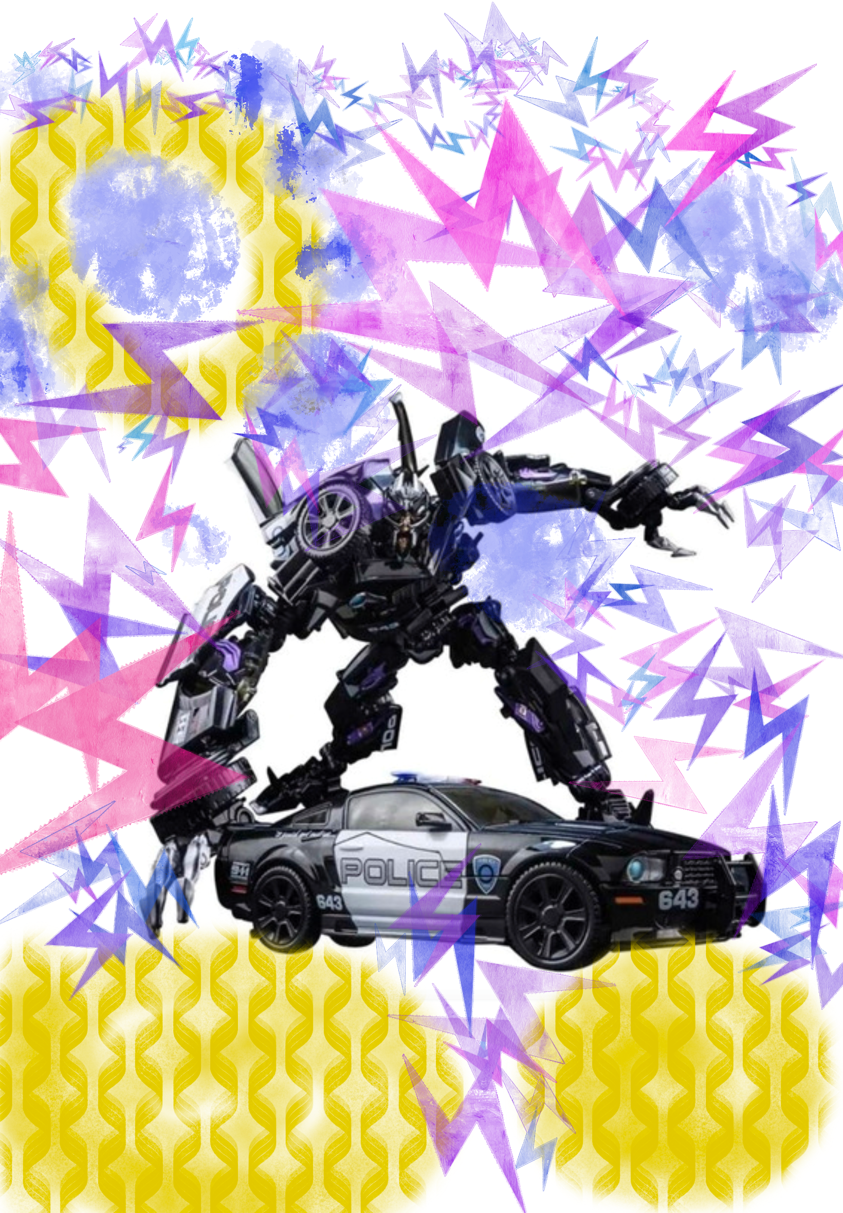 A transformer is standing on top of a police car.