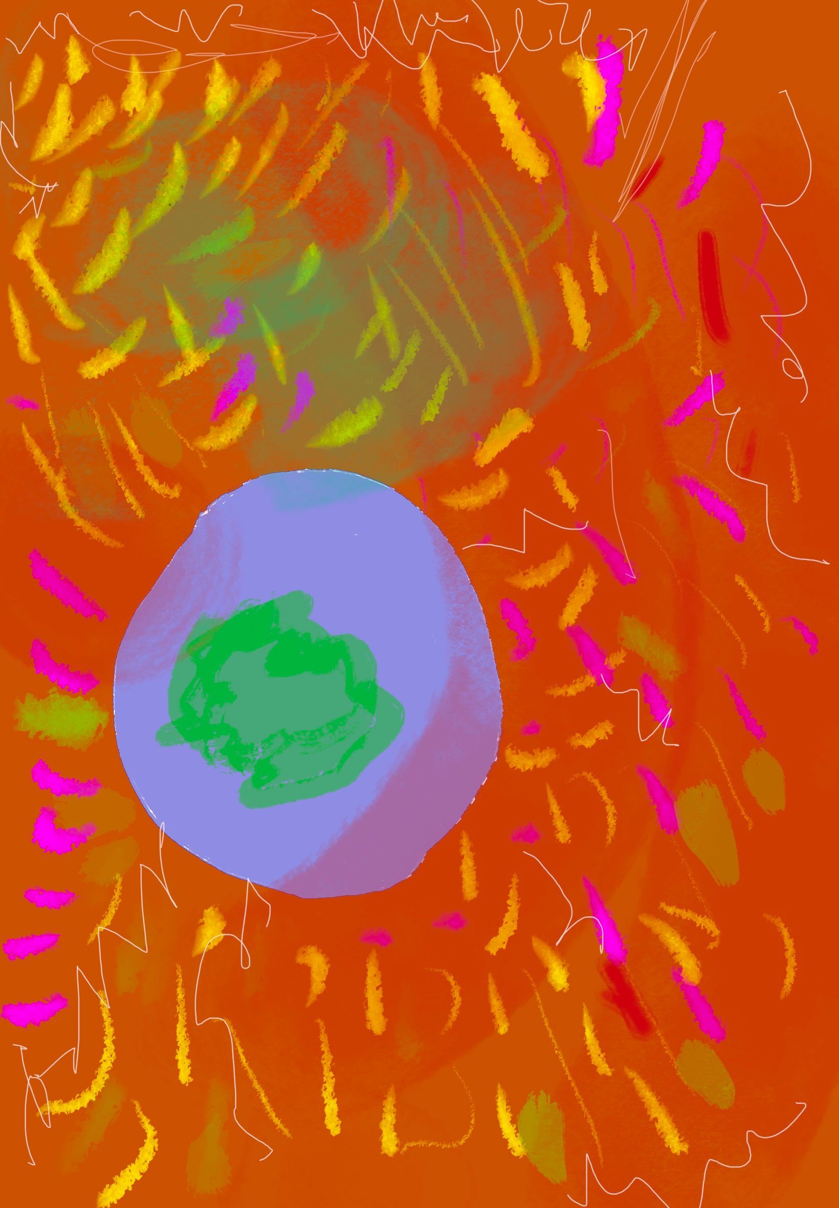 A painting of a circle with a green center on an orange background.