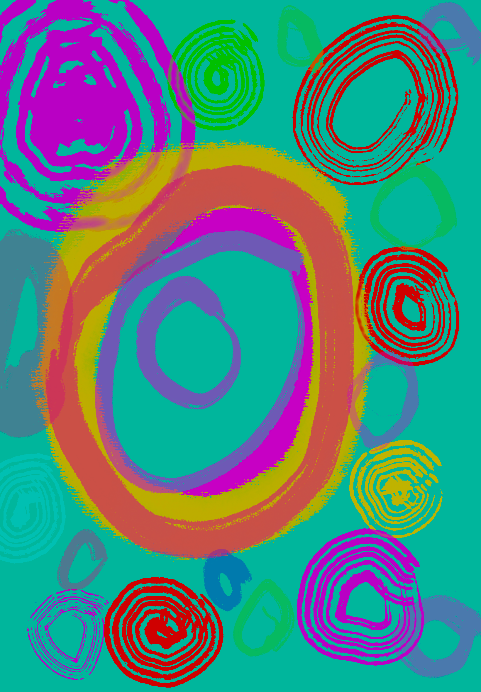 A painting of colorful circles on a blue background