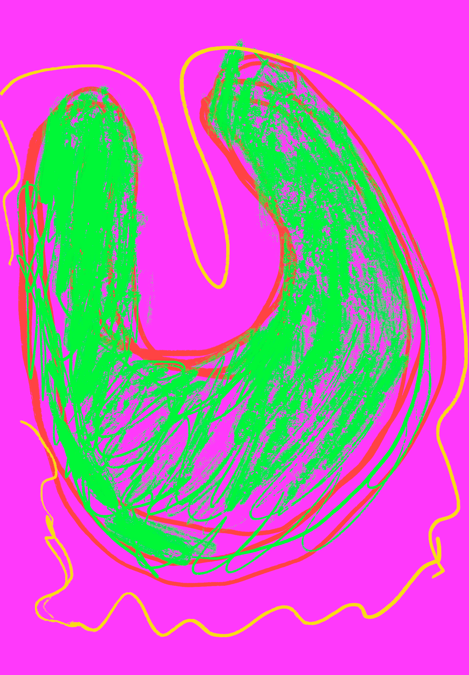 A green and pink drawing of a horseshoe on a pink background.