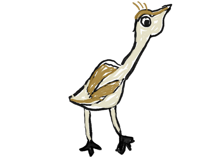 A drawing of a bird with a long neck and legs.