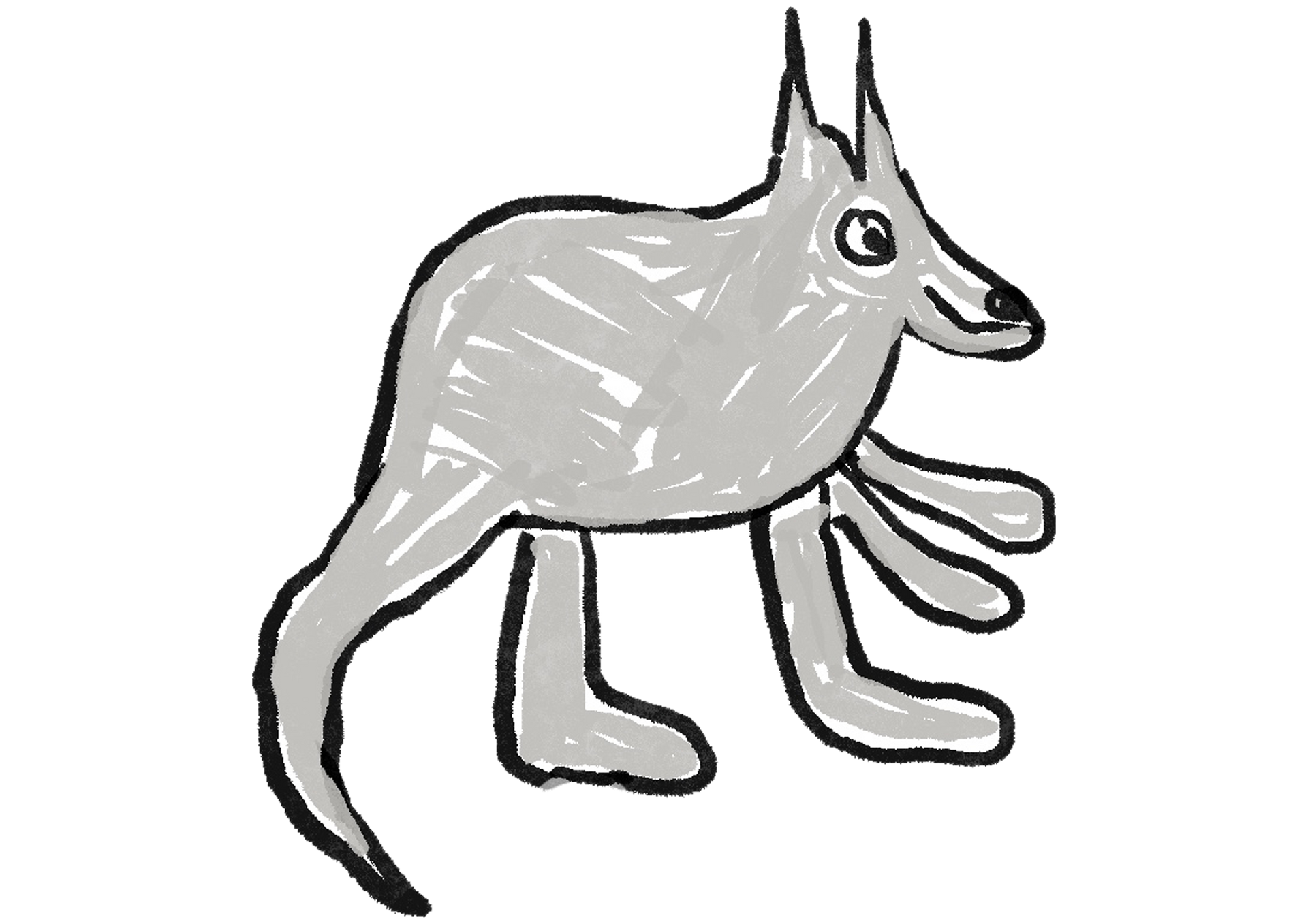 A black and white drawing of a kangaroo with long legs.