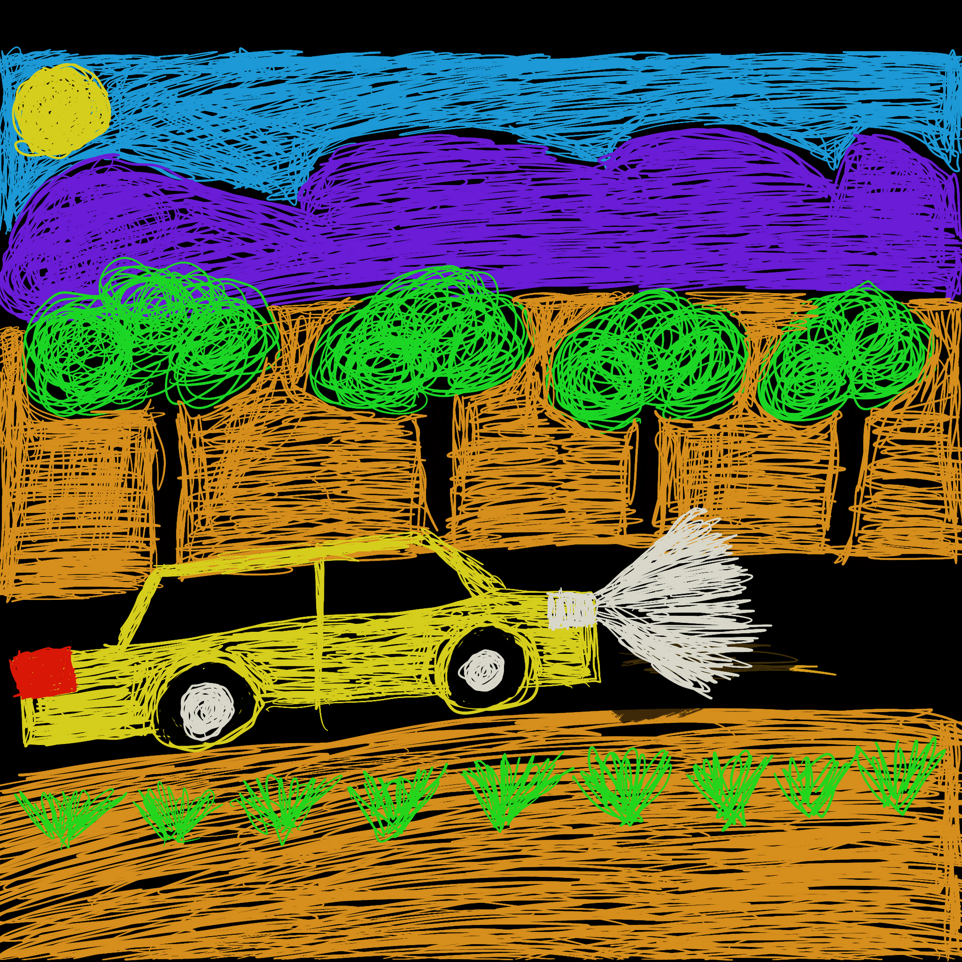 A drawing of a car driving down a road with trees in the background