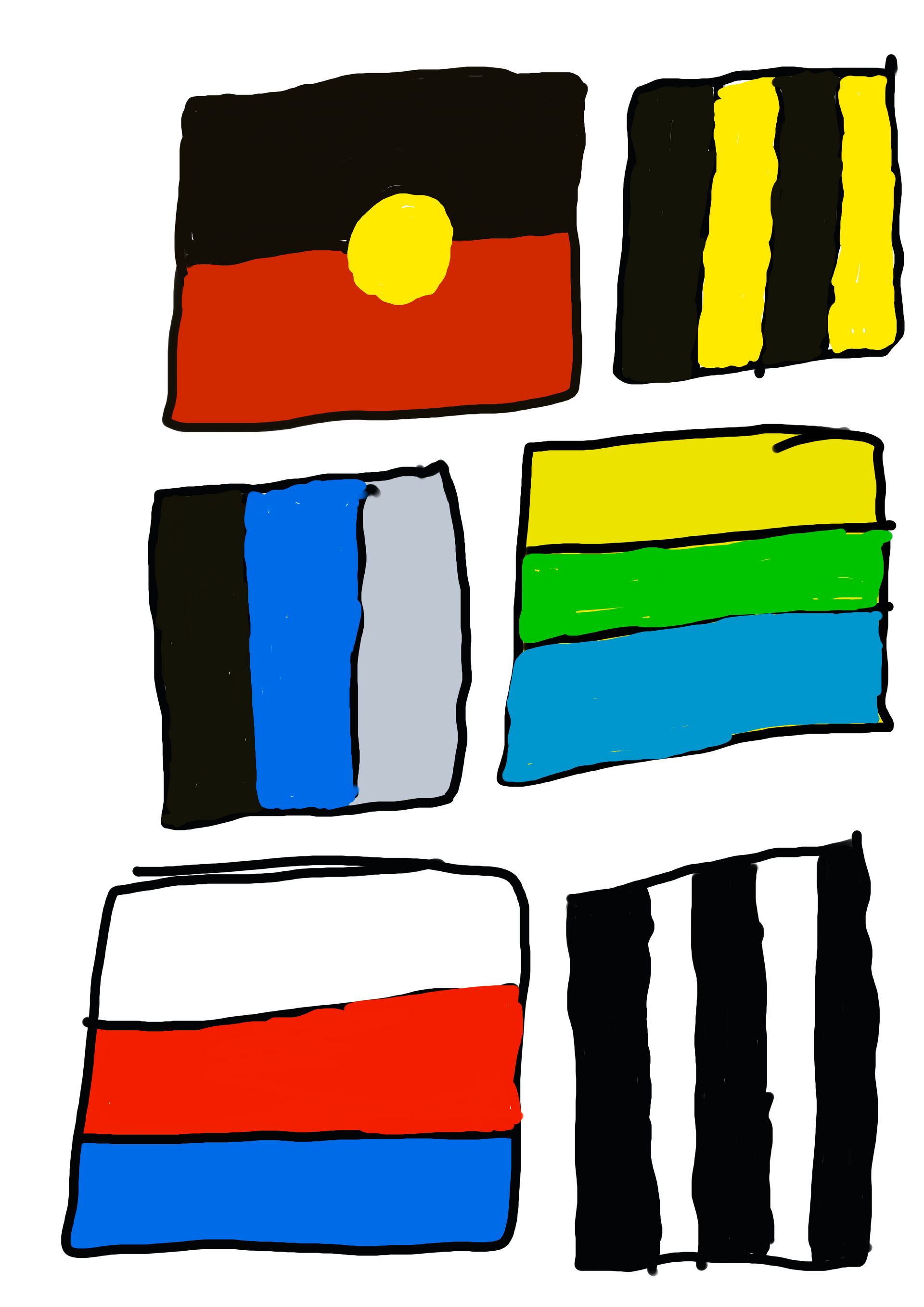 A group of flags are stacked on top of each other on a white background.