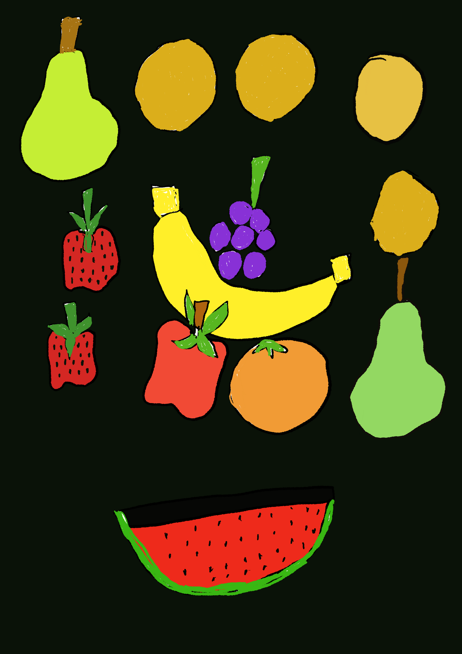 A bunch of different fruits on a black background
