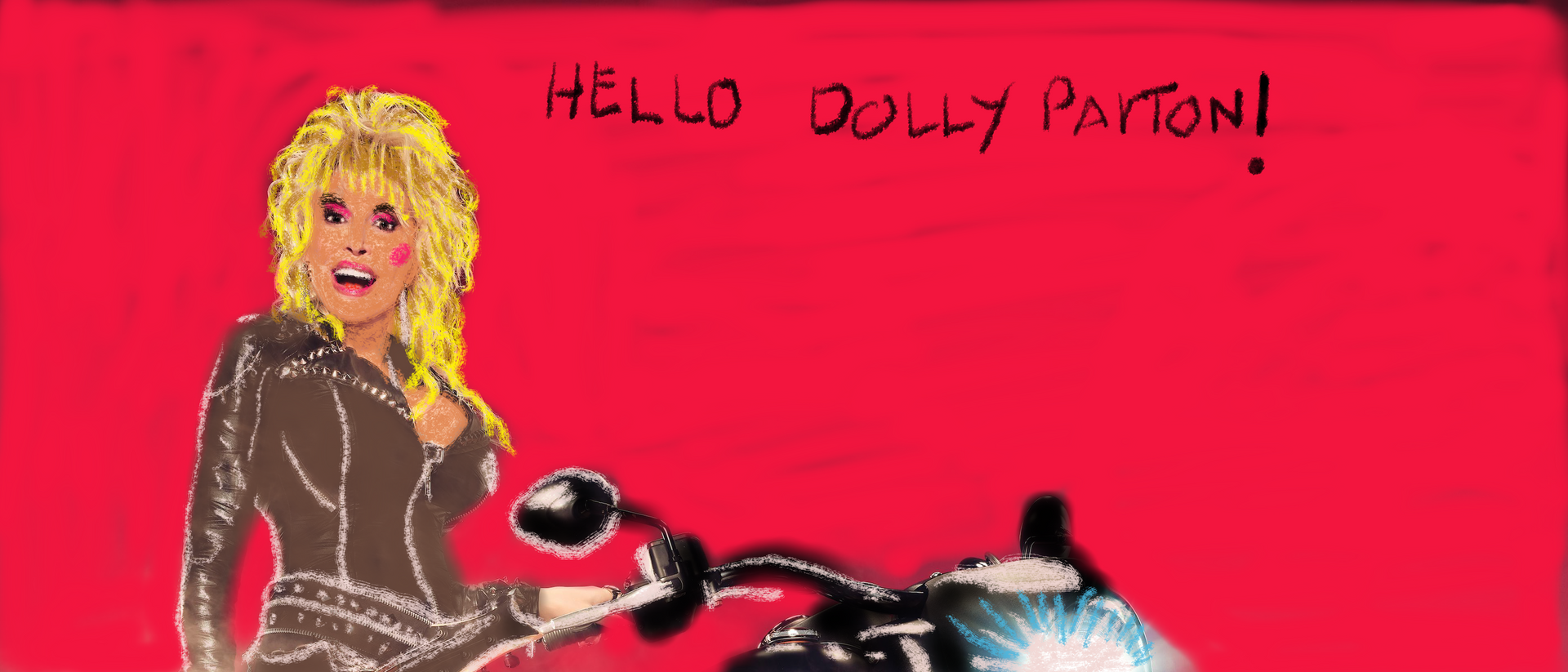 A drawing of dolly parton is on a red background