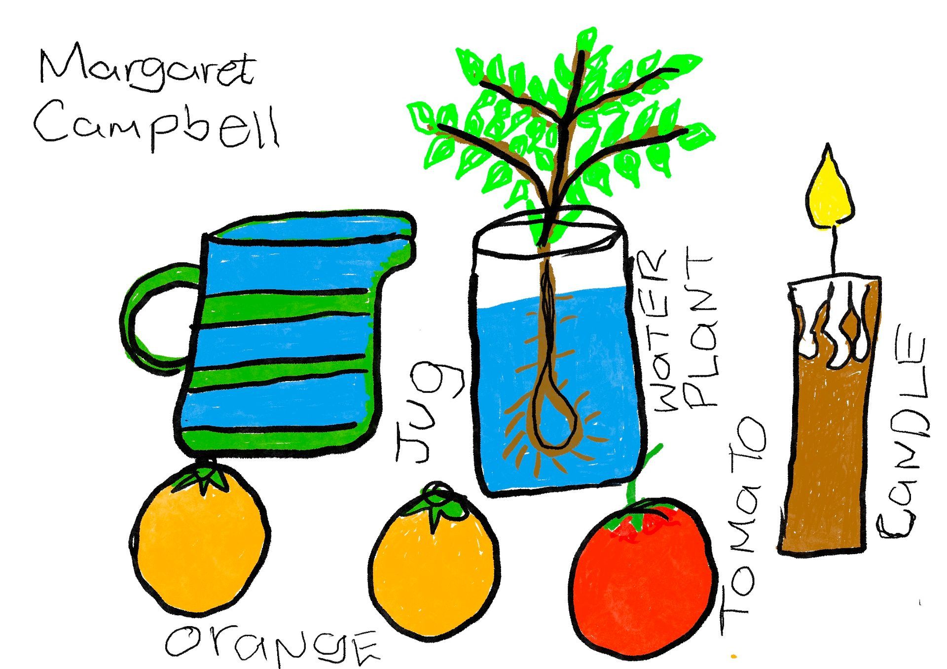 A drawing of a pitcher tomatoes and a candle by margaret campbell