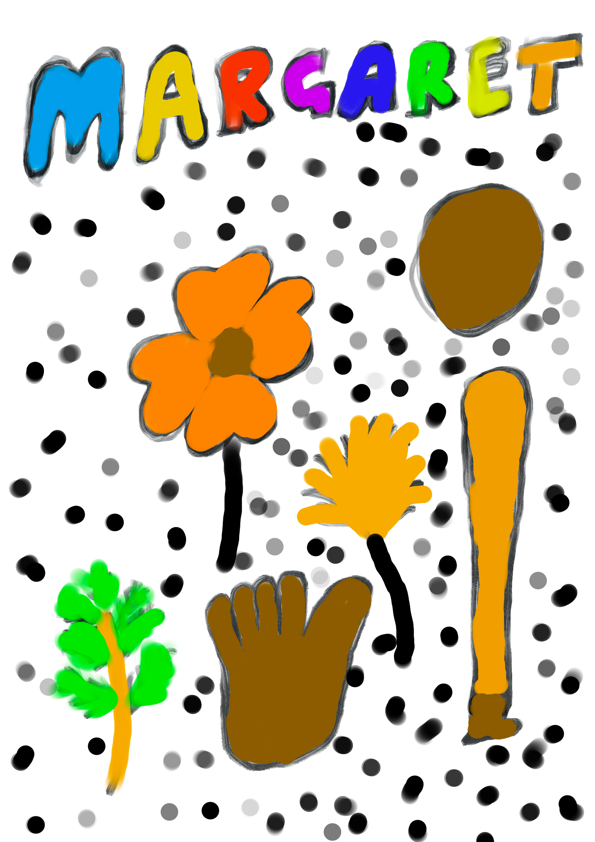 A drawing of margaret with flowers and trees