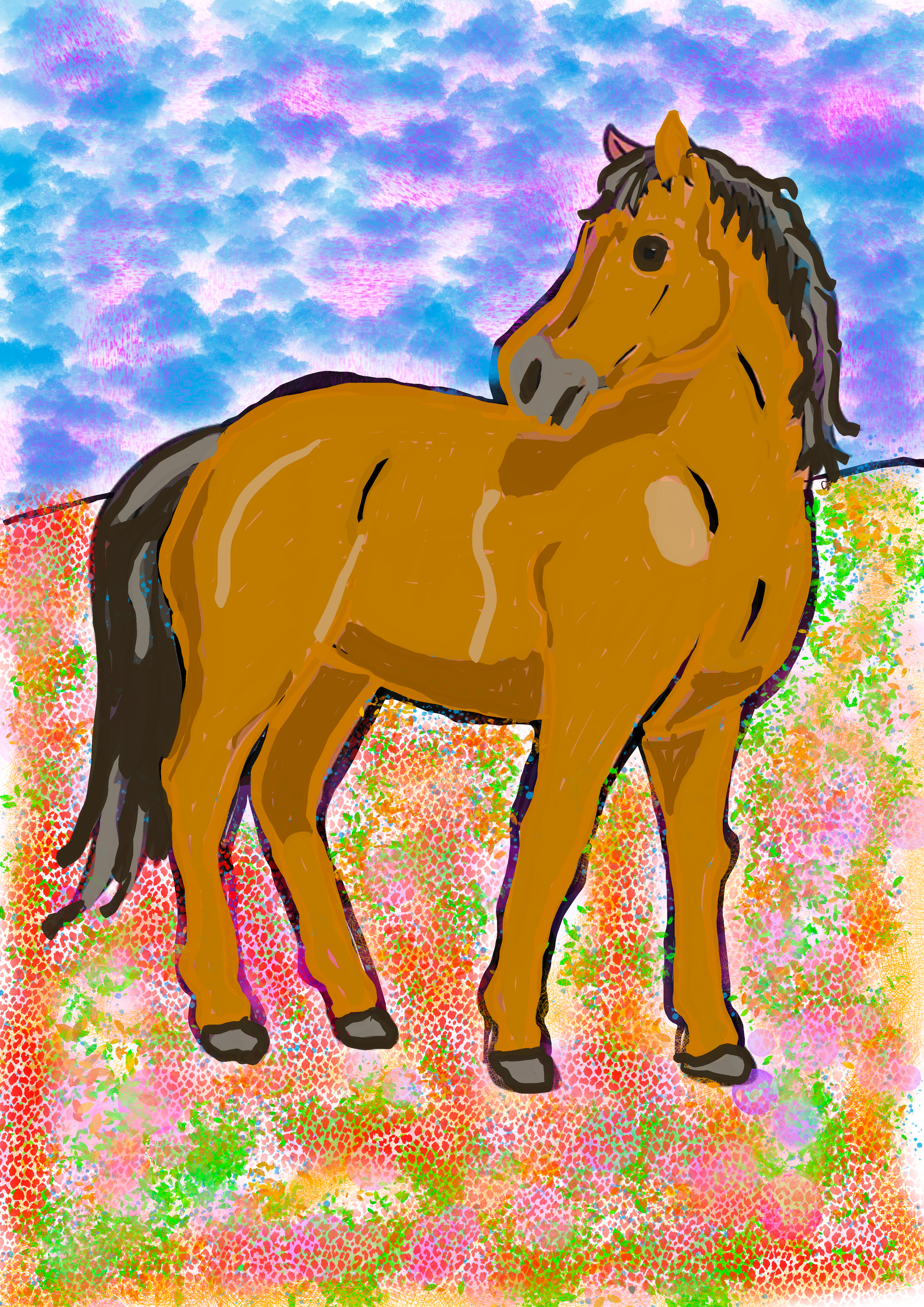 A drawing of a brown horse standing in a field