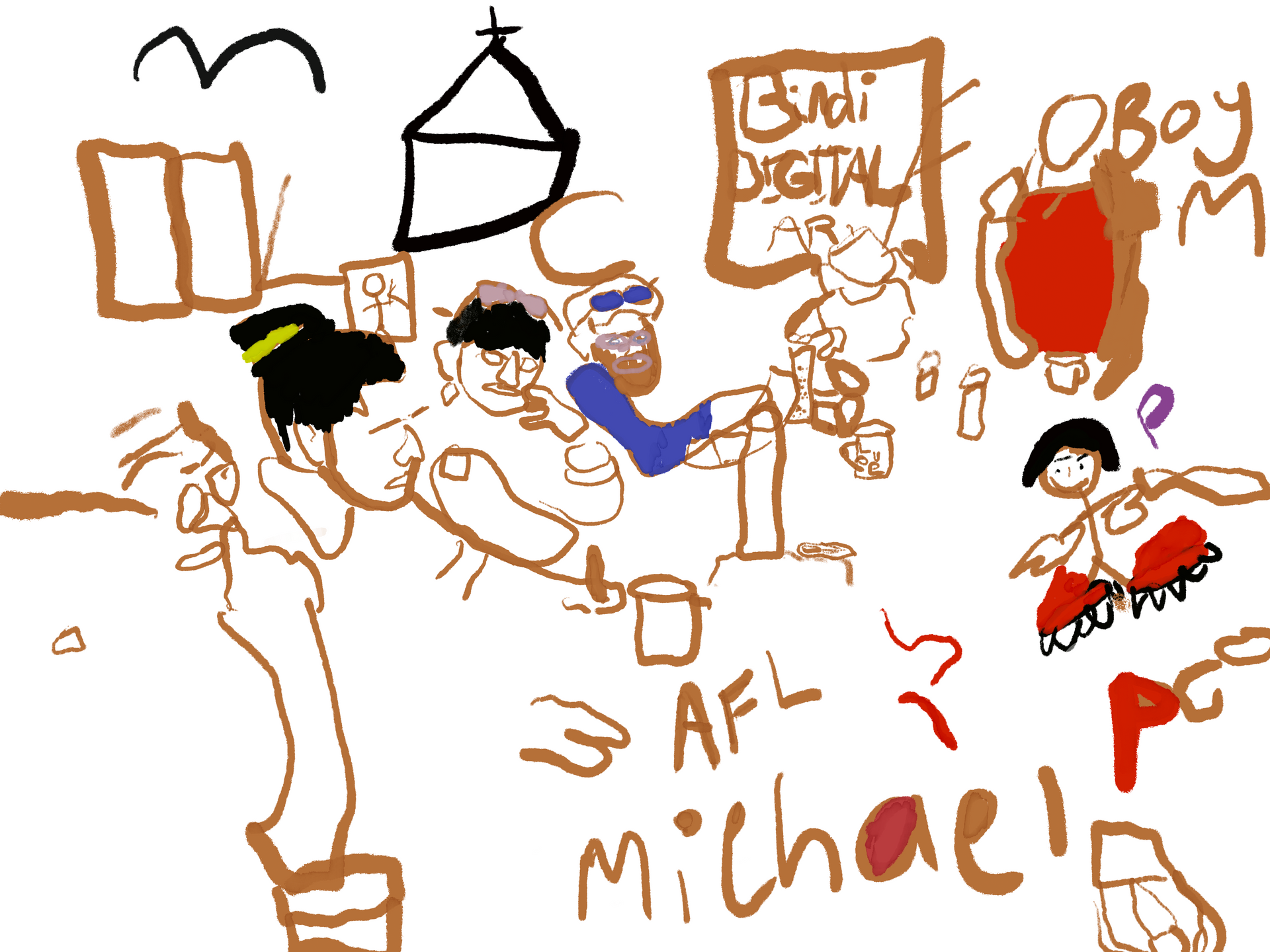 A drawing of a group of people including michael