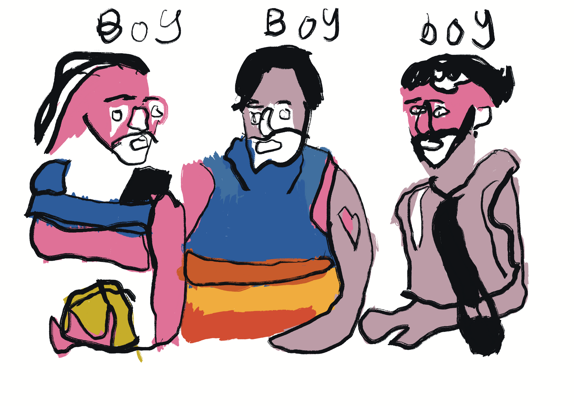 A drawing of three boys named boy and boy