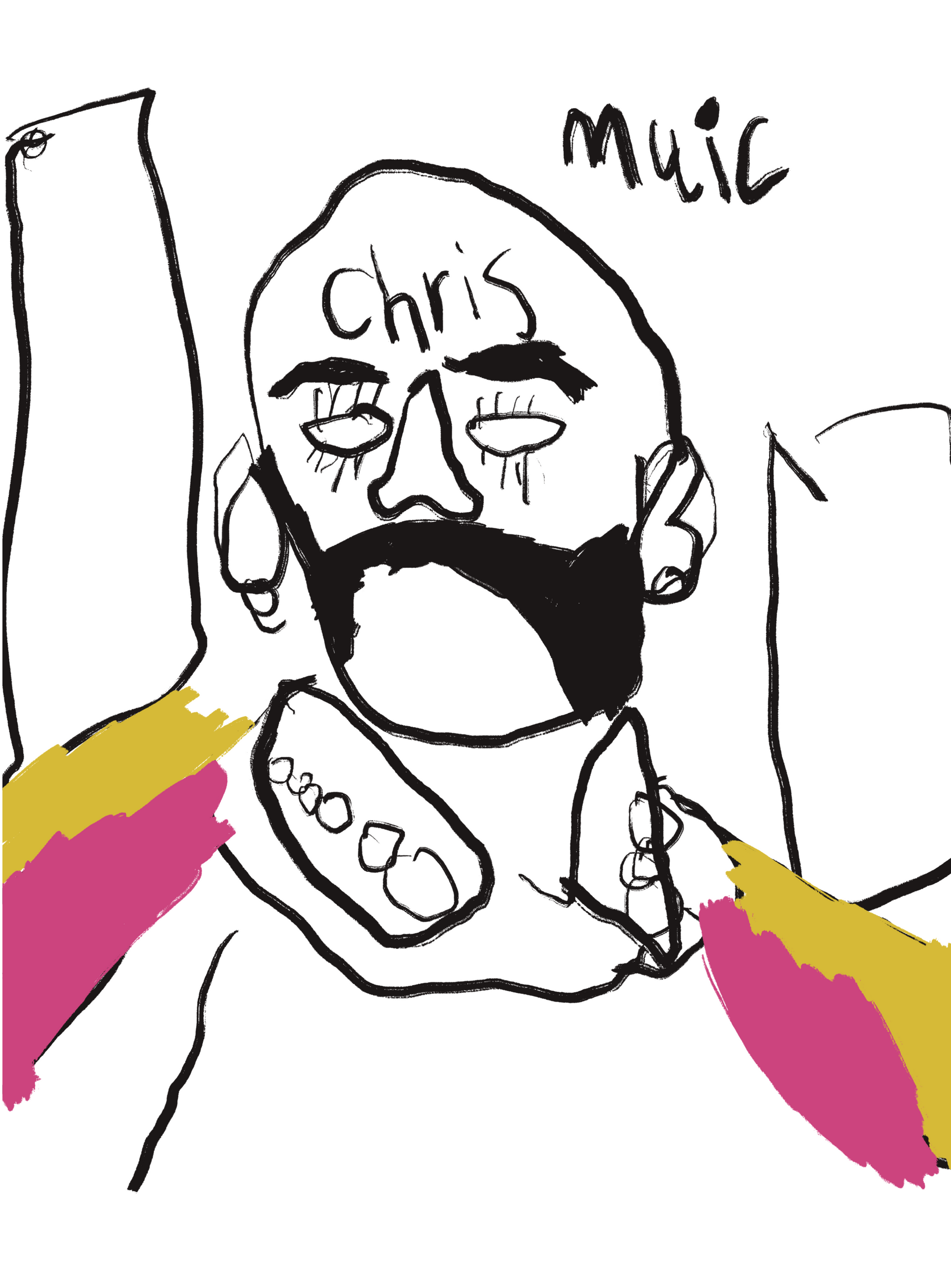 A drawing of a man with a mustache and the name chris on his face.