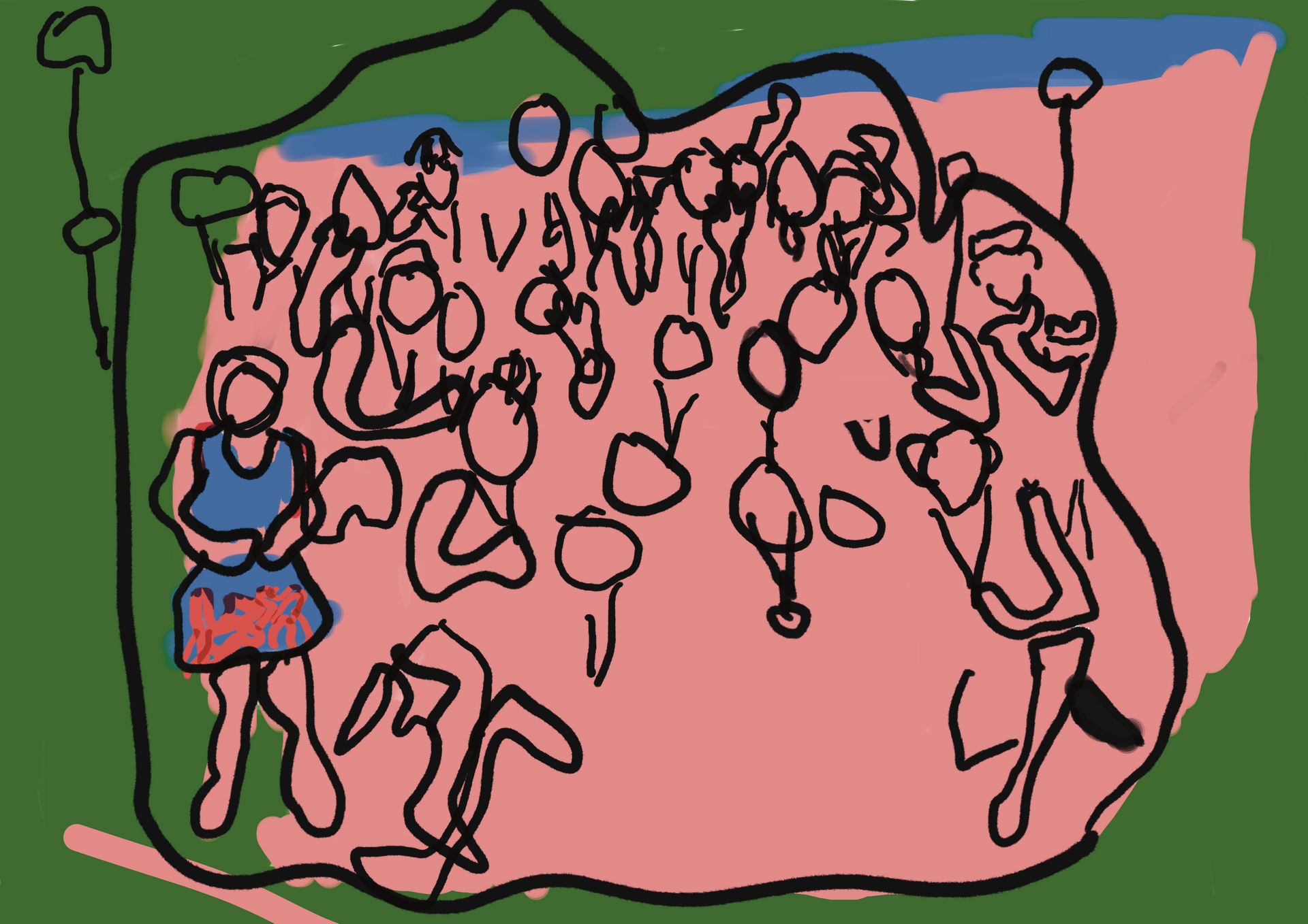 A drawing of a group of people on a green and pink background