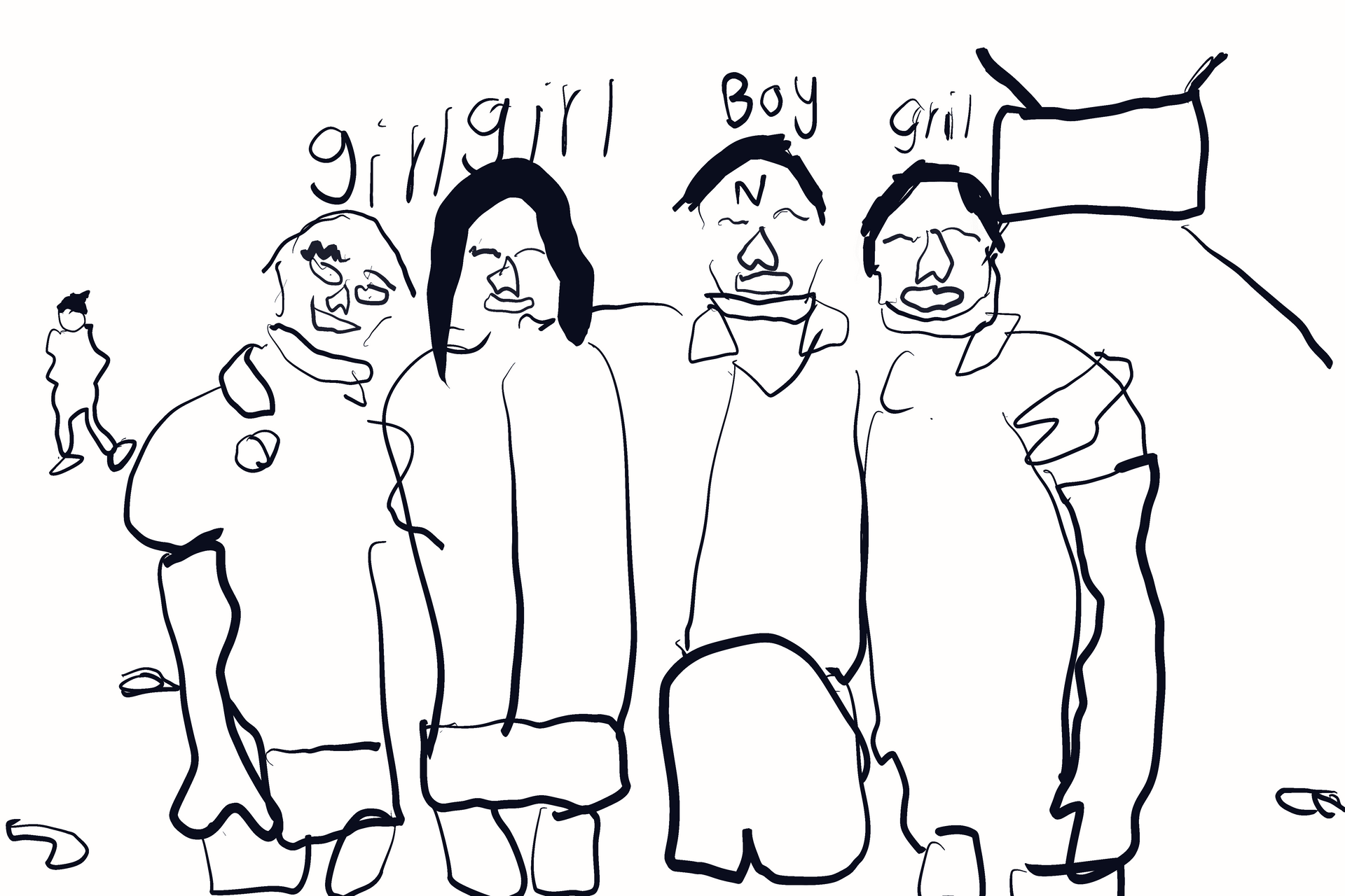 A black and white drawing of a group of people standing next to each other.