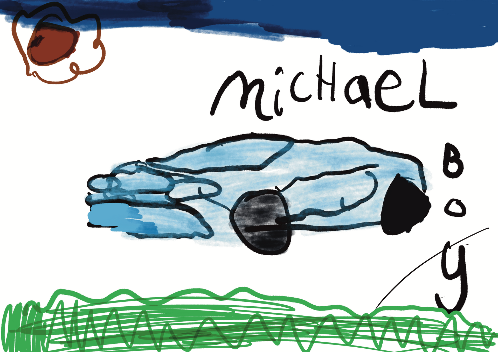 A child 's drawing of a car with the name michael on it