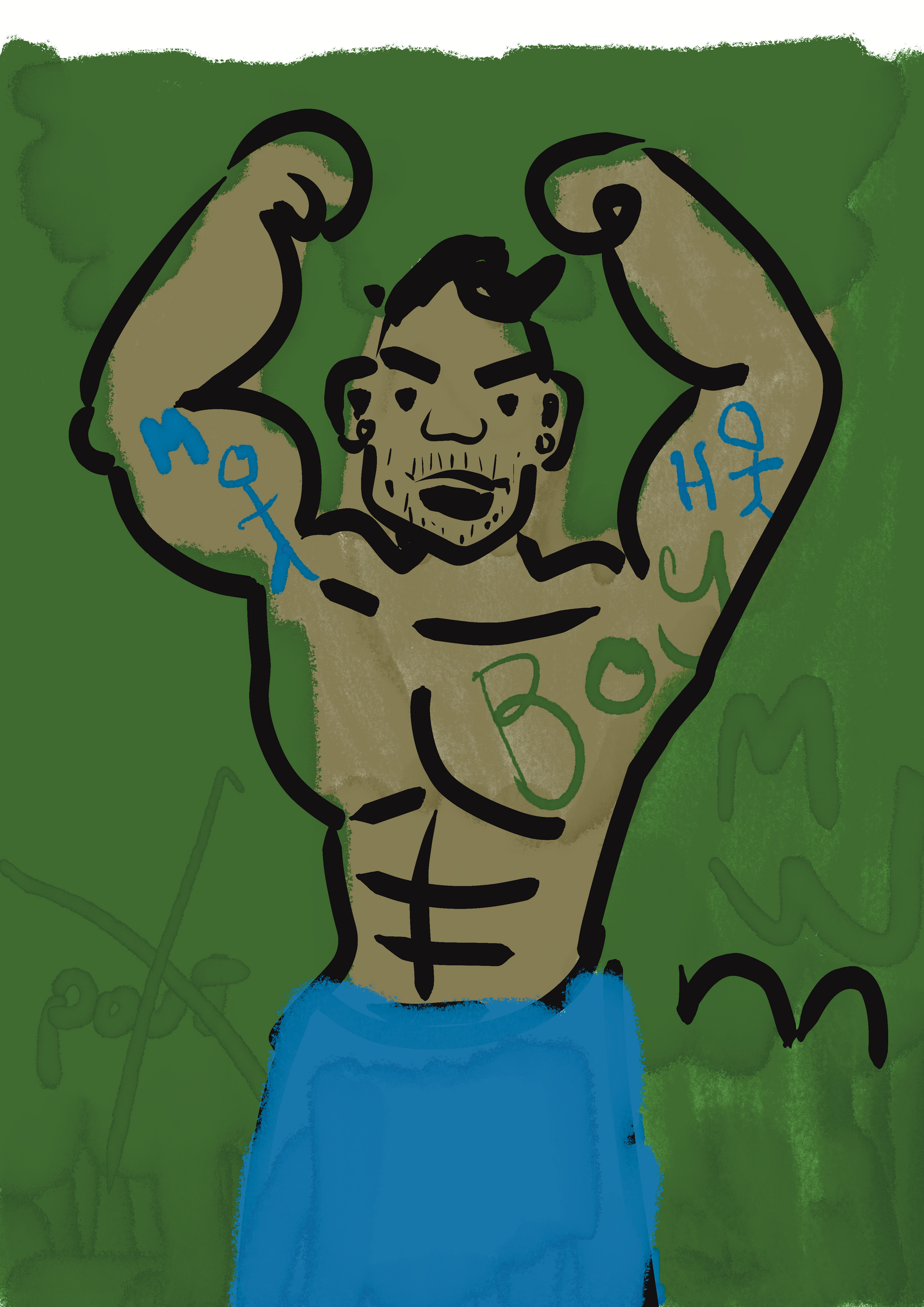 A drawing of a man with tattoos on his arms and chest