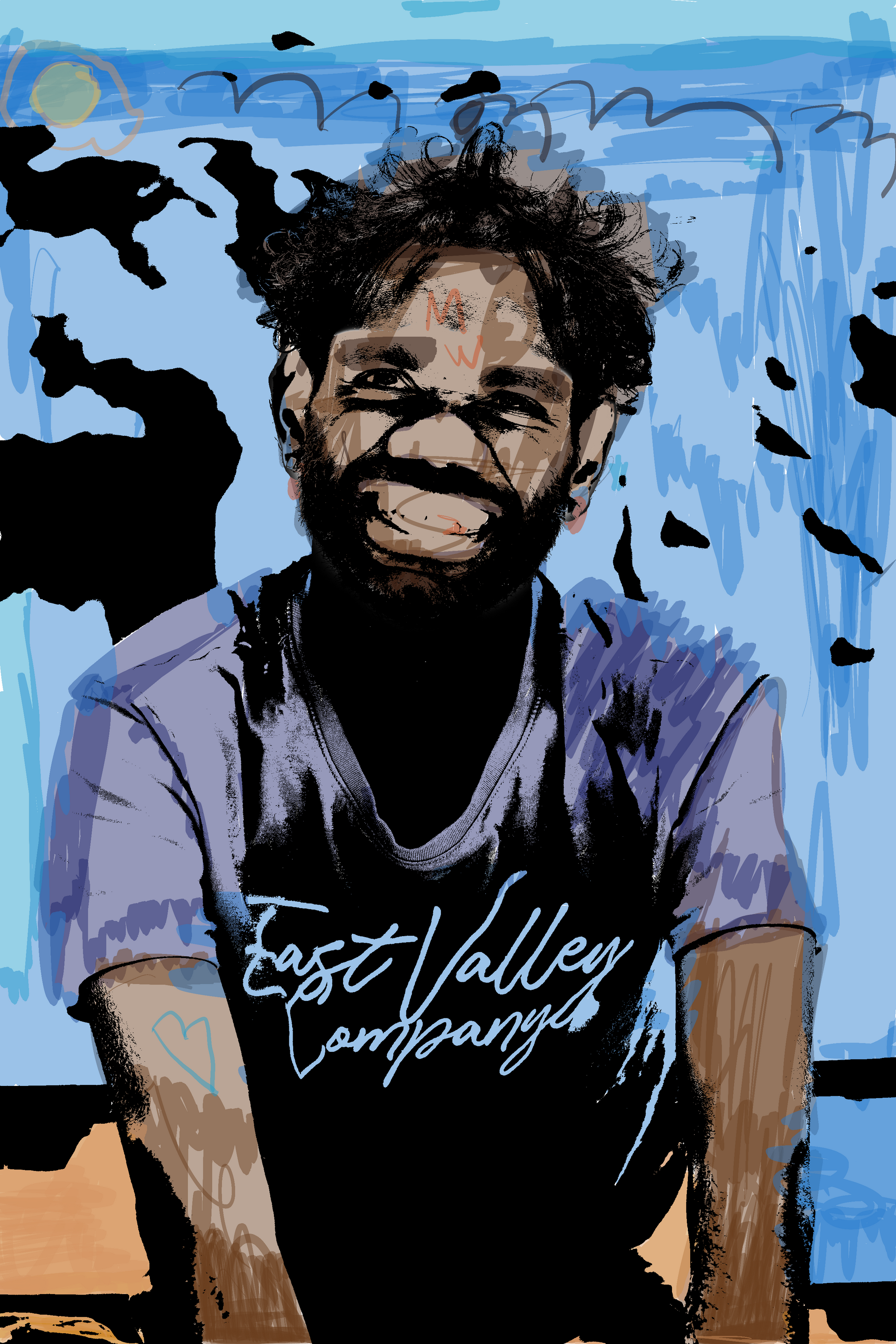 A drawing of a man wearing a east valley company shirt
