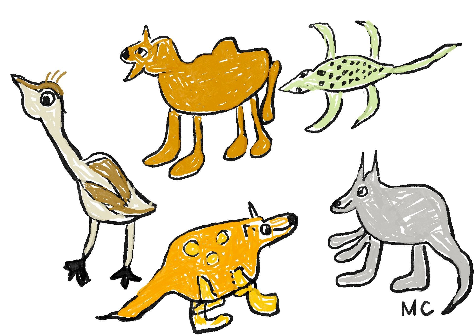 A drawing of a kangaroo , a duck , a cheetah , and a wolf.
