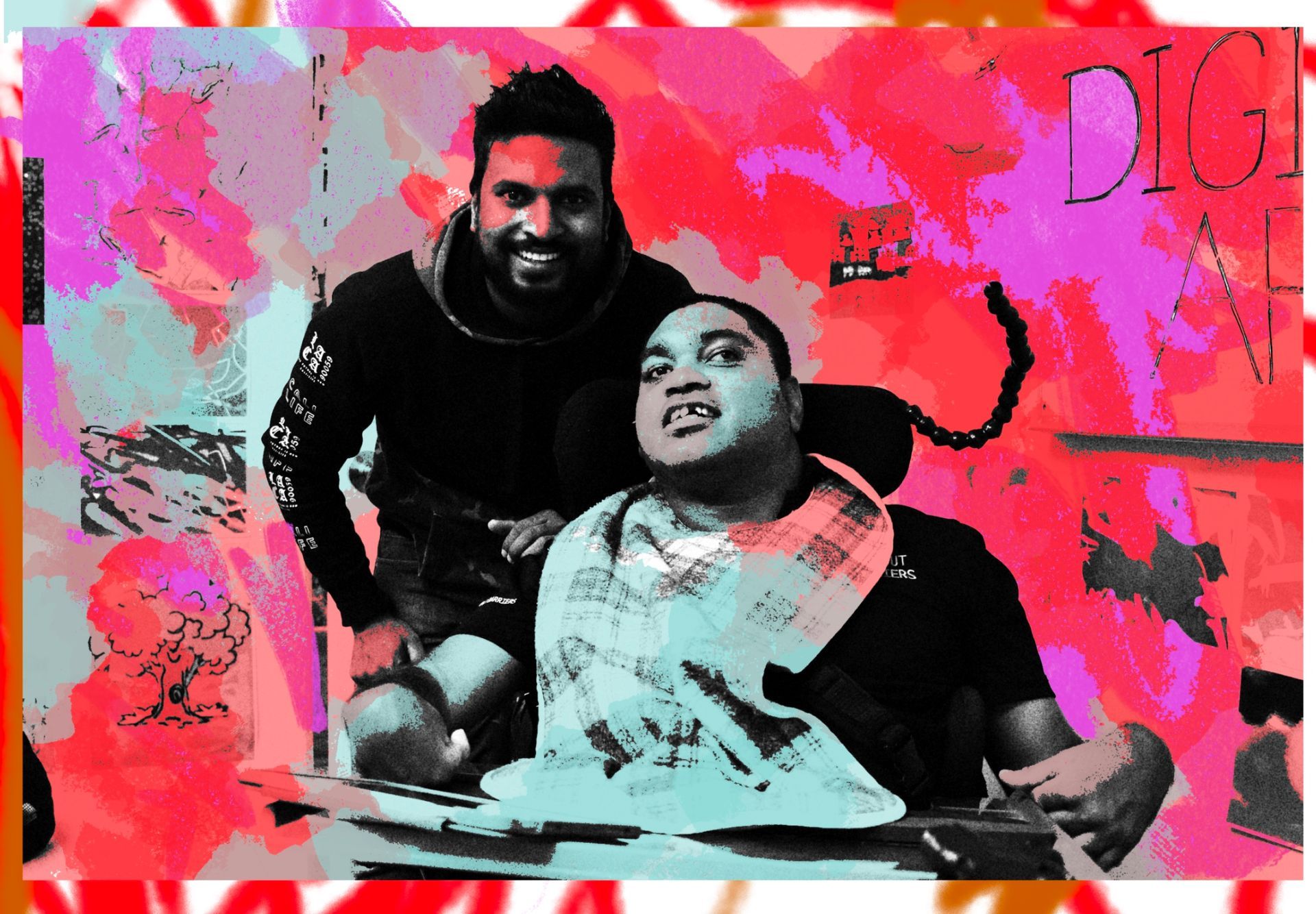 Two men are standing next to each other and one of them is wearing a bib