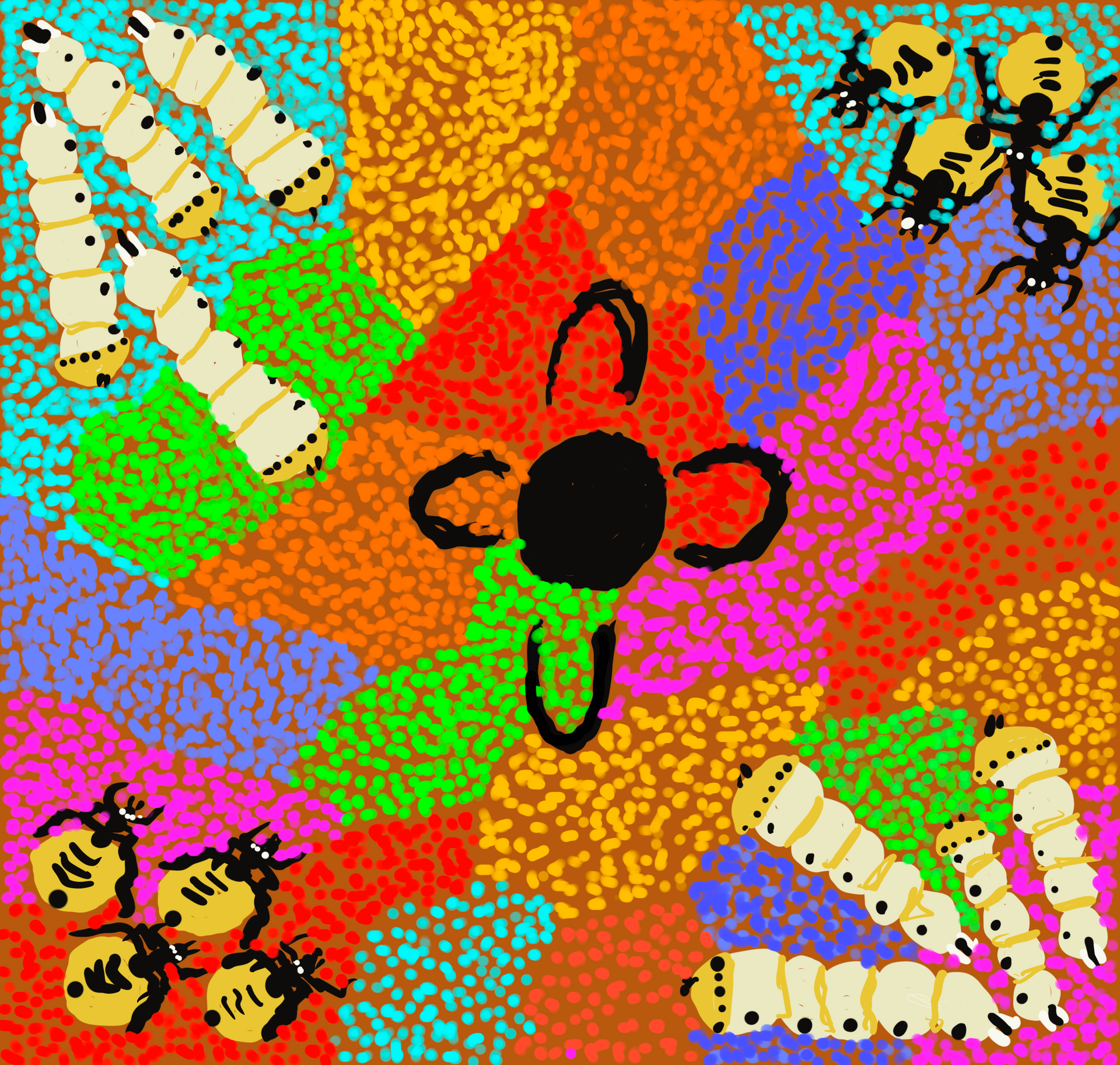 A colorful painting of a flower with ants and caterpillars