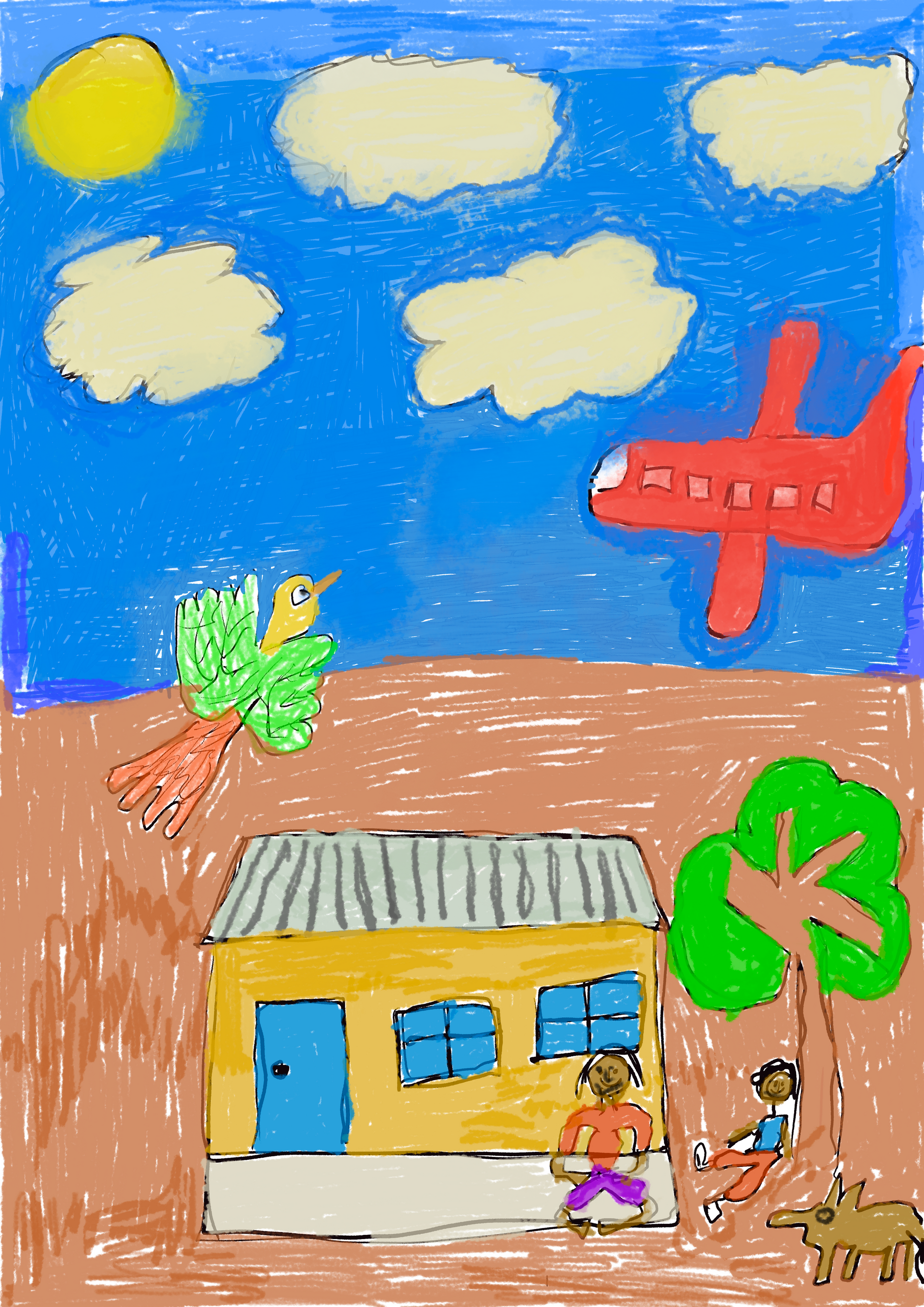 A child 's drawing of an airplane flying over a house