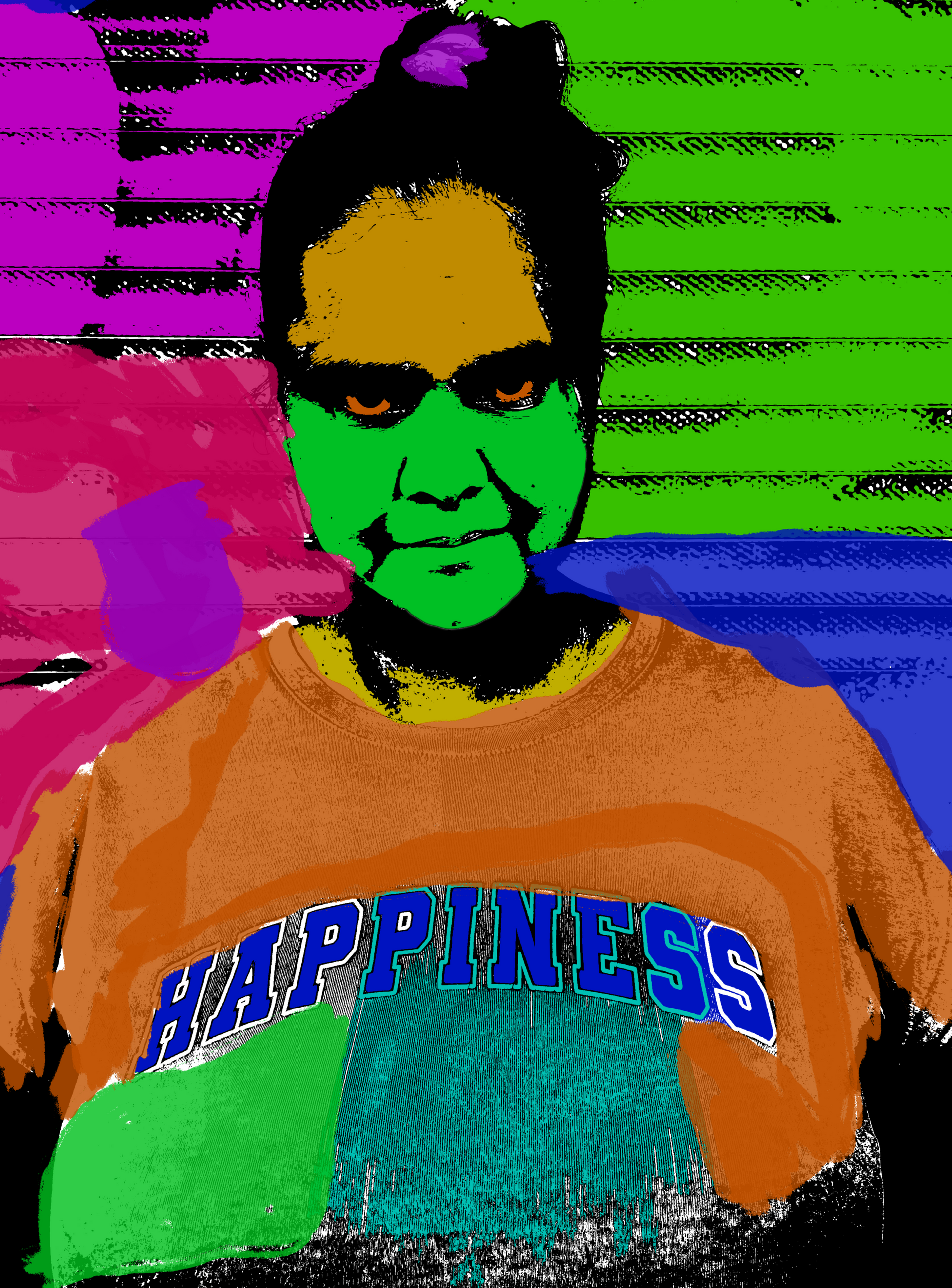 A woman wearing an orange shirt that says happiness
