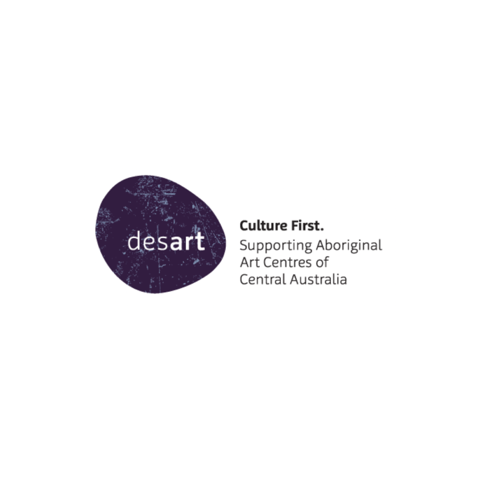 The desart logo is purple and white and says culture first supporting aboriginal art centres of central australia.