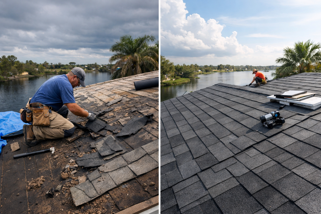 Before and after comparison of roof repair showing a worker removing old shingles and a newly installed shingle roof.