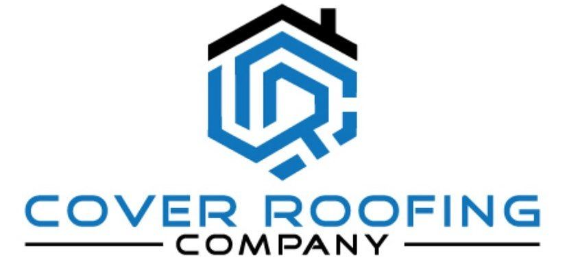 Logo for Cover Roofing Company with a blue and black roof icon.