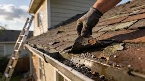 Gloved hand scraping old shingles on a house roof during repair work, with a ladder nearby