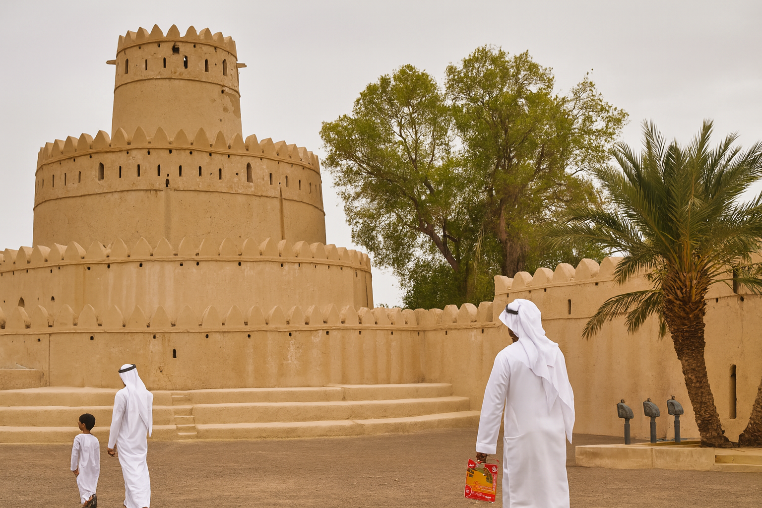 Al Jahili Fort in Al Ain, Abu Dhabi, with its round watchtower and sandy-colored walls, surrounded by palm trees. An Emirati man and child in traditional white kandura are walking toward the historic fort under a cloudy desert sky