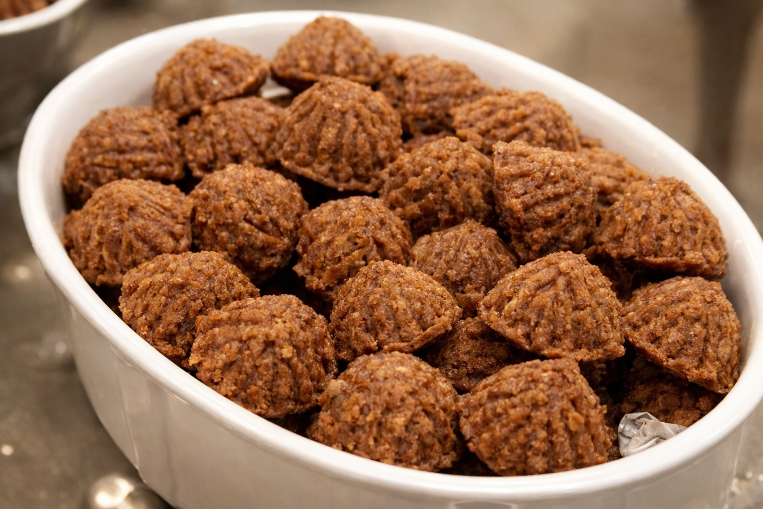 Traditional Emirati batheetha sweets shaped into small molded pieces, served in a white ceramic dish