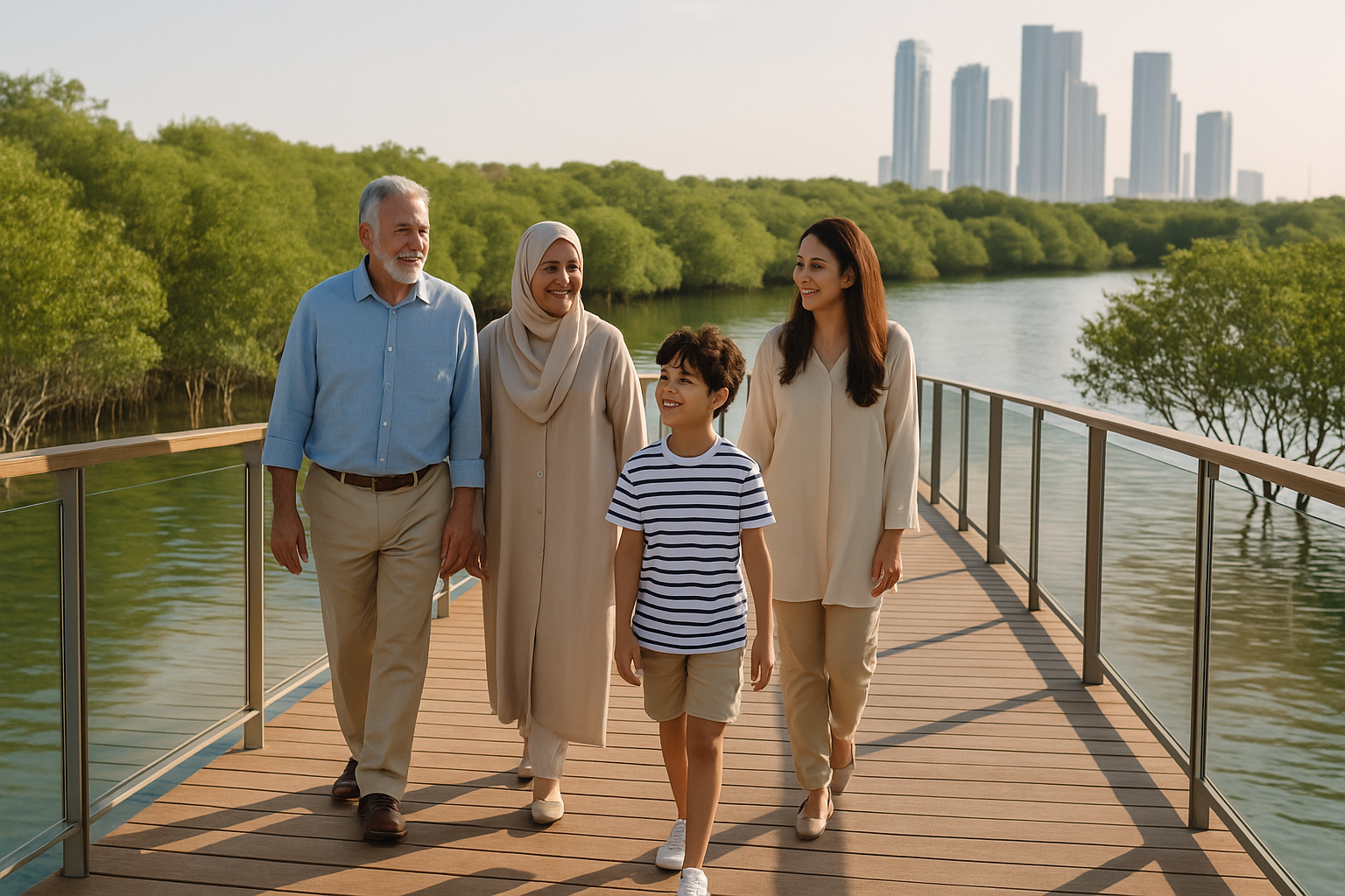 A family walking together on the wooden boardwalk at Mangrove National Park in Abu Dhabi