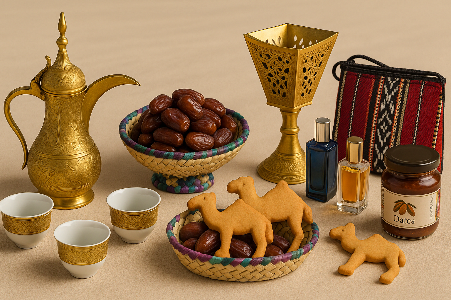 A  traditional gifts from Abu Dhabi, including a golden dallah coffee pot, incense burner, oud perfu