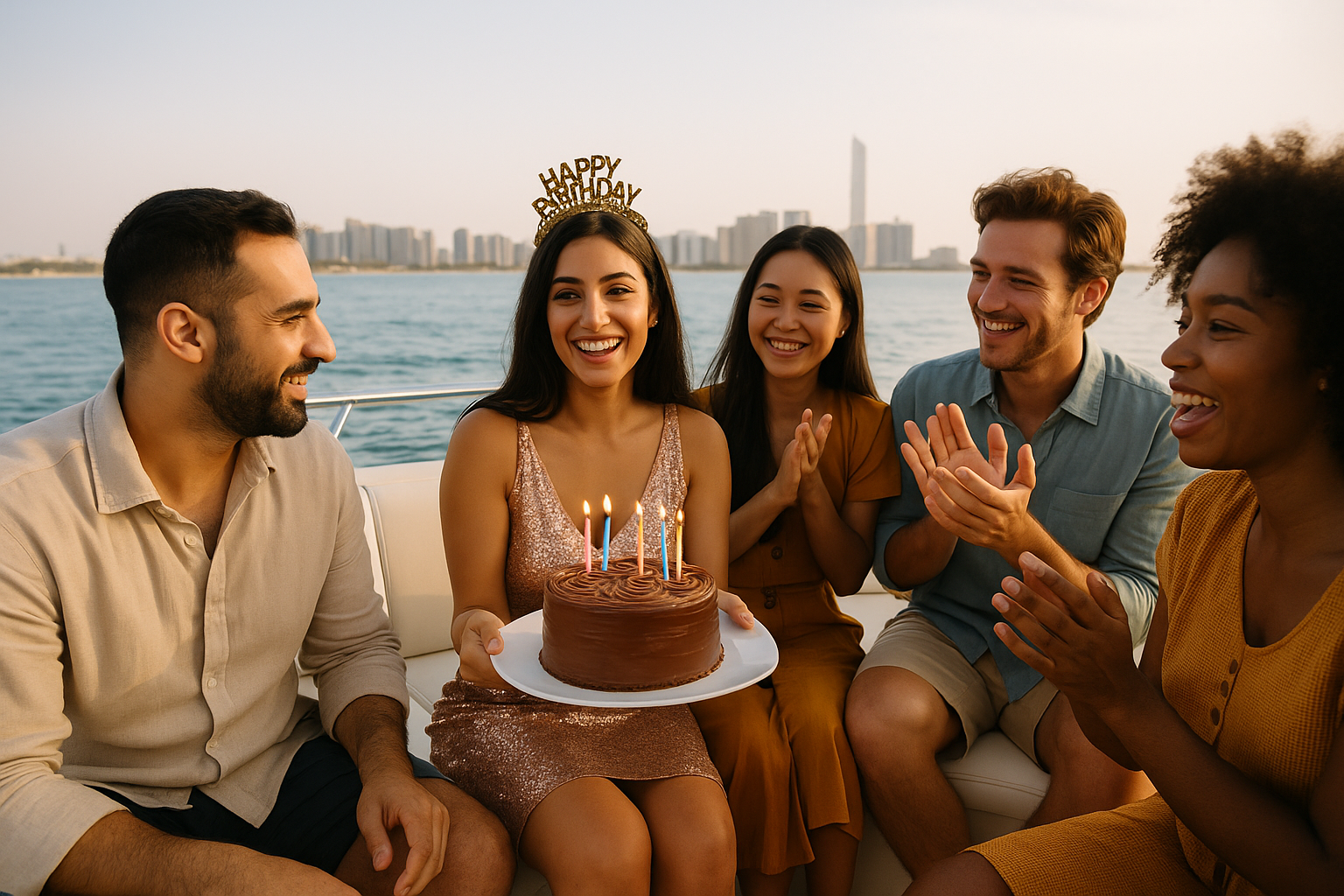 Five friends celebrating a birthday in Abu Dhabi Uae