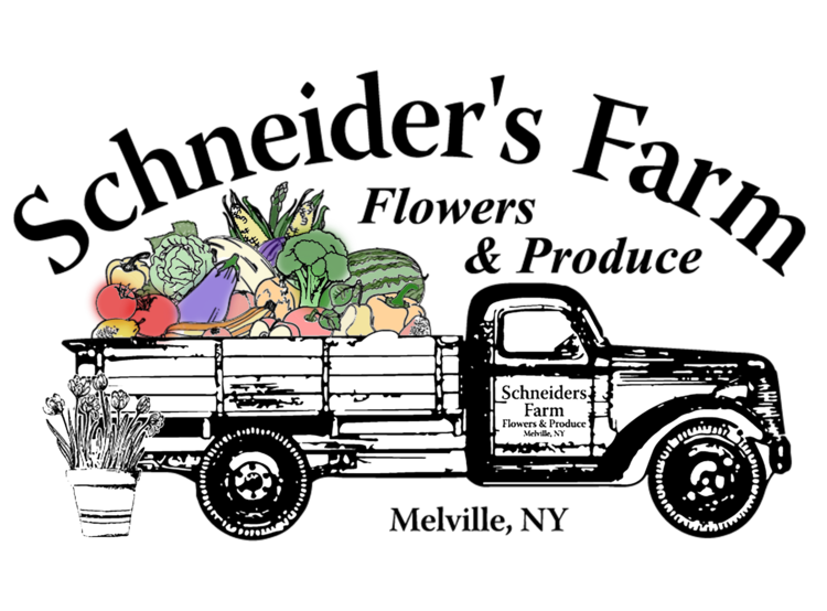The logo for schneider 's farm shows a truck full of fruits and vegetables