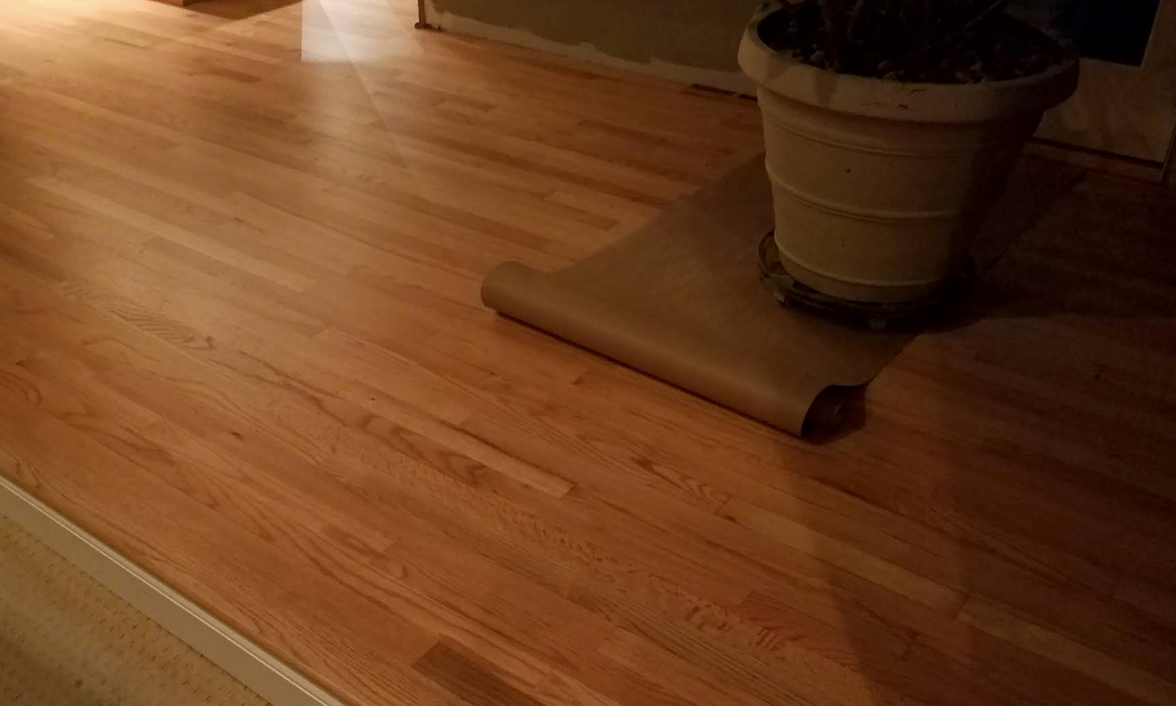 Wooden floor with a small potted plant on a rolled mat in the corner.
