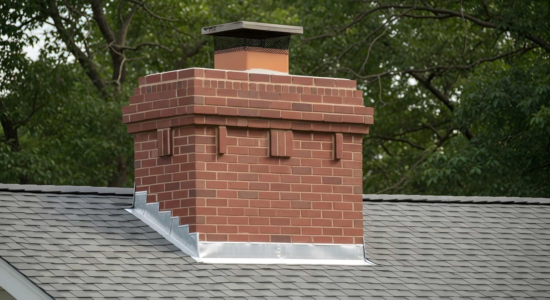 Red brick chimney with metal cap on gray shingled roof surrounded by green trees brickwork chimney c