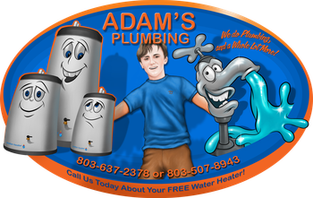 A logo for adam 's plumbing shows a man holding a faucet