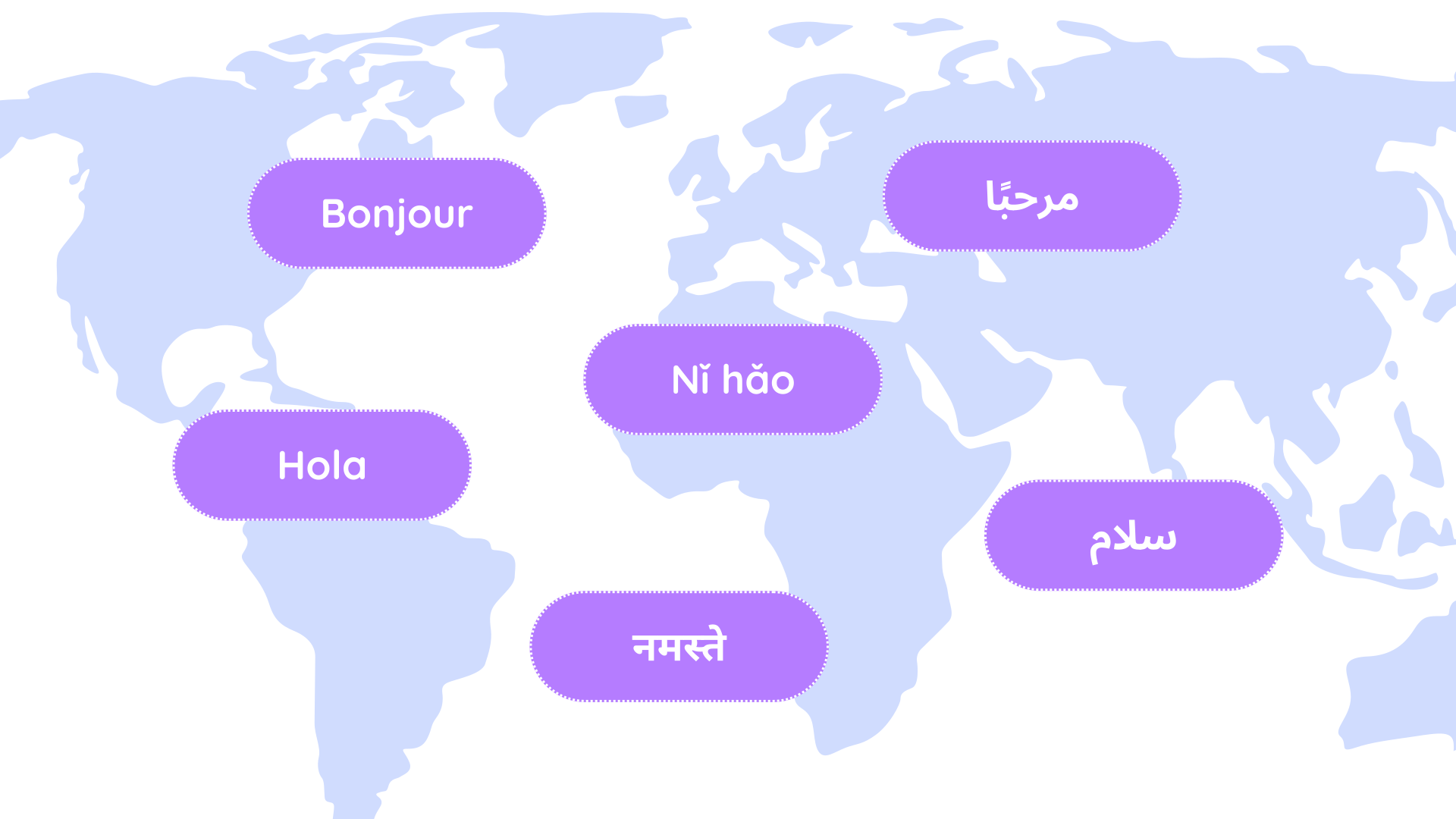 A map of the world with purple buttons that say bonjour