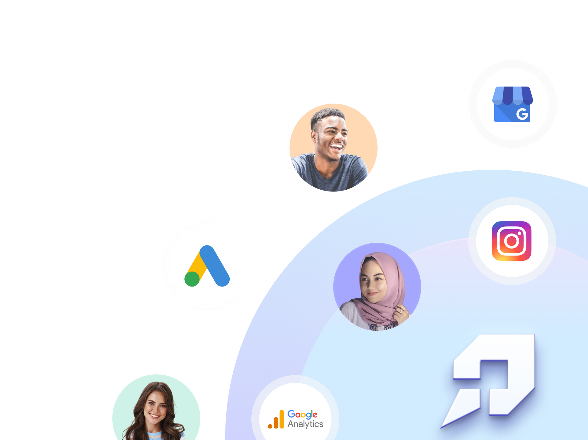 A group of people are standing next to each other in circles surrounded by icons.