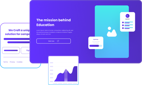 The mission behind education is shown on a purple and blue website.