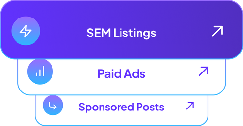 A stack of buttons with the words sem listings paid ads and sponsored posts on them.