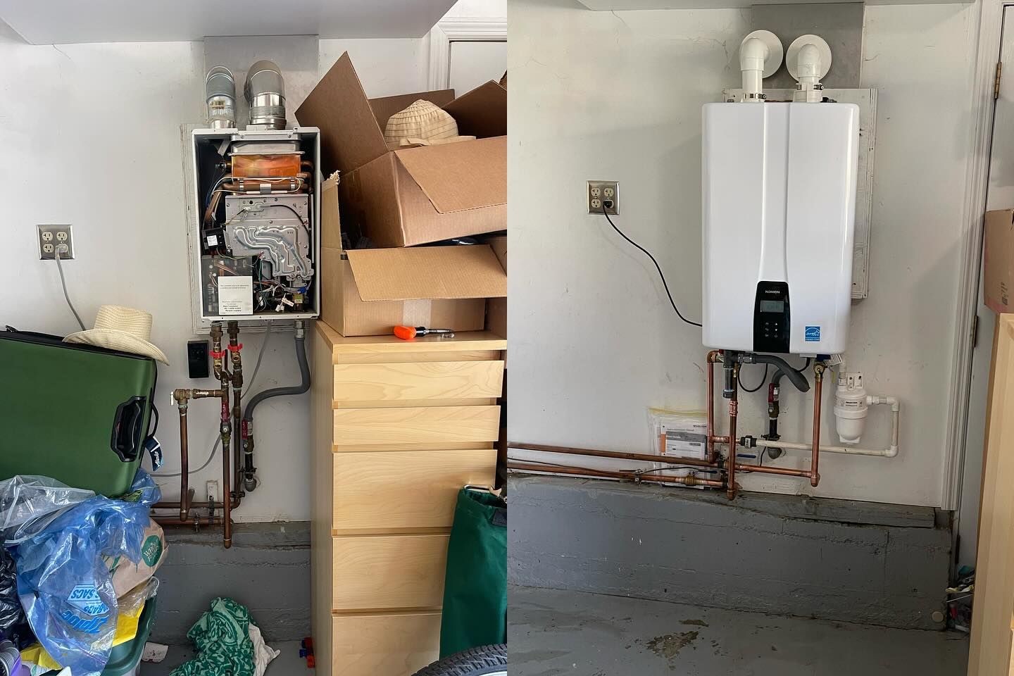 Before and after photos of a water heater installation in a garage. The heater is now enclosed.