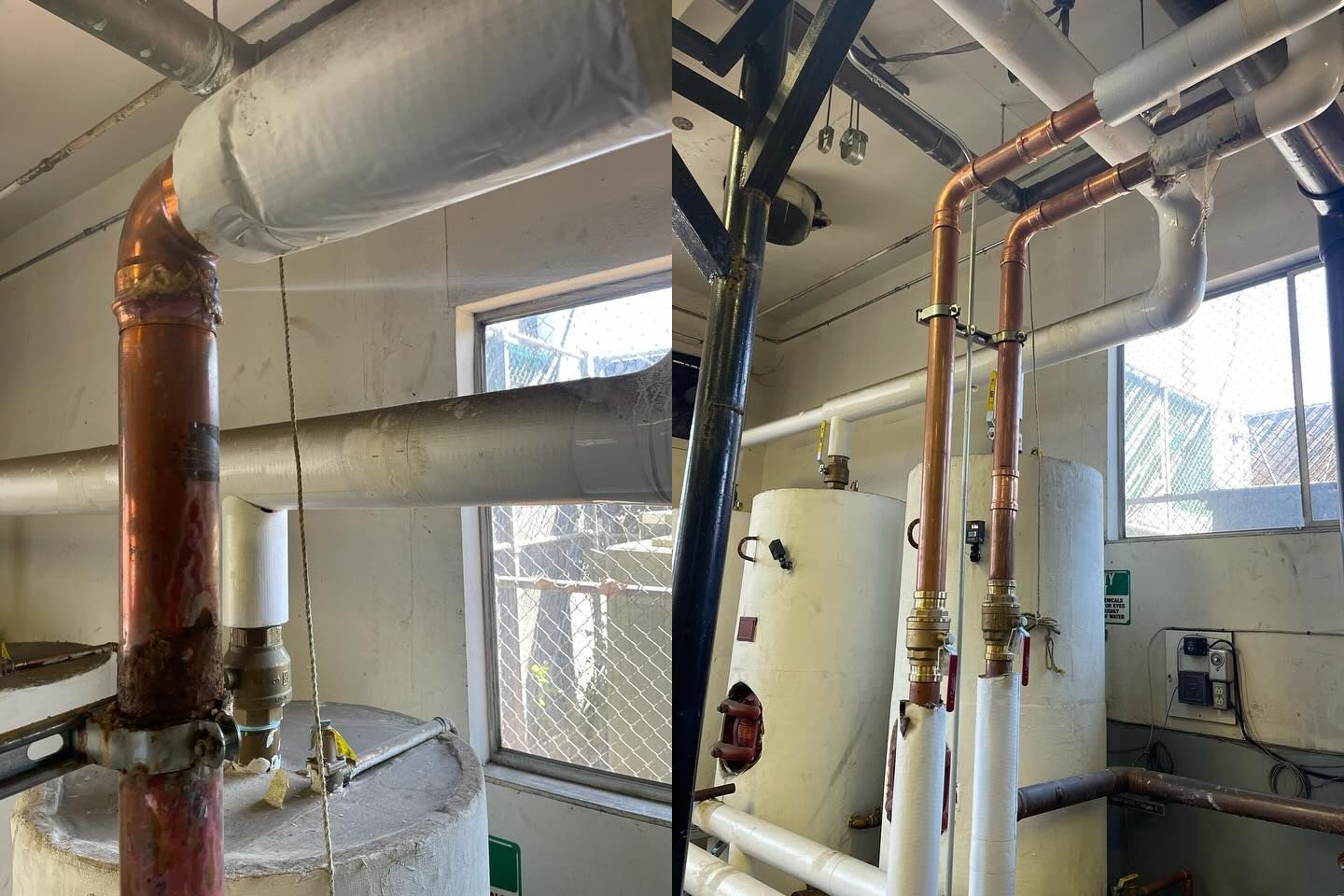Two views of plumbing pipes in a utility room with water heaters, insulation, and a window.